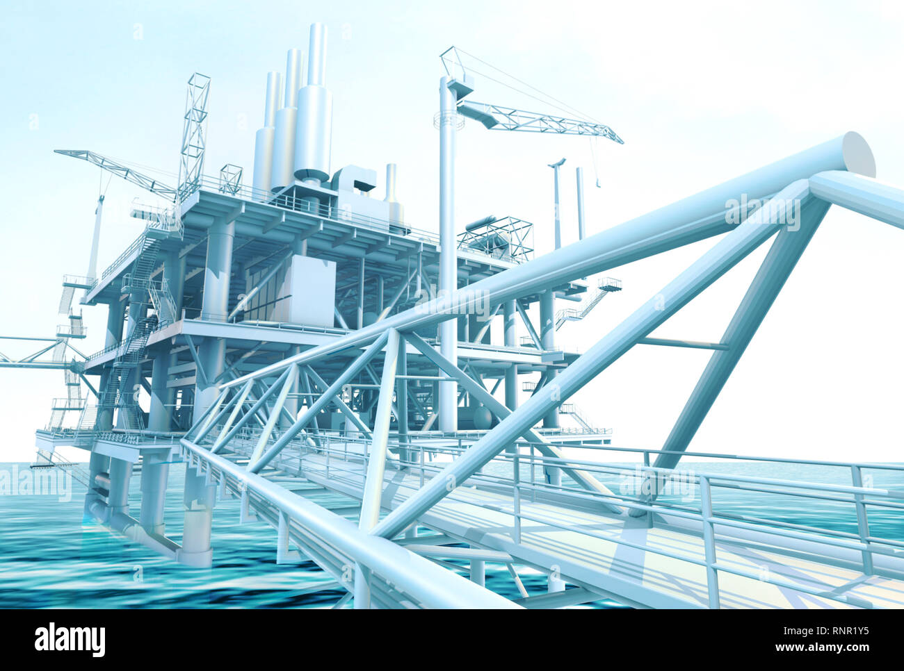 Bâtiment de plate-forme pétrolière dans l'océan, rendu 3D photo. Banque D'Images