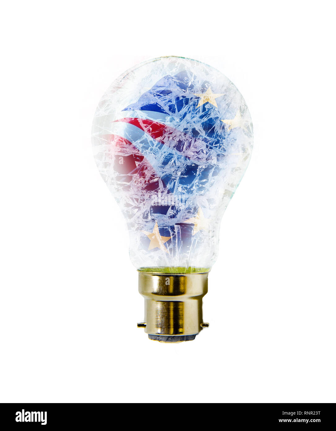 Un composite d'EU et UK drapeaux dans une ampoule qui montre des fissures. Banque D'Images Un composite d'EU et UK drapeaux dans une ampoule qui montre des fissures. Banque D'Images