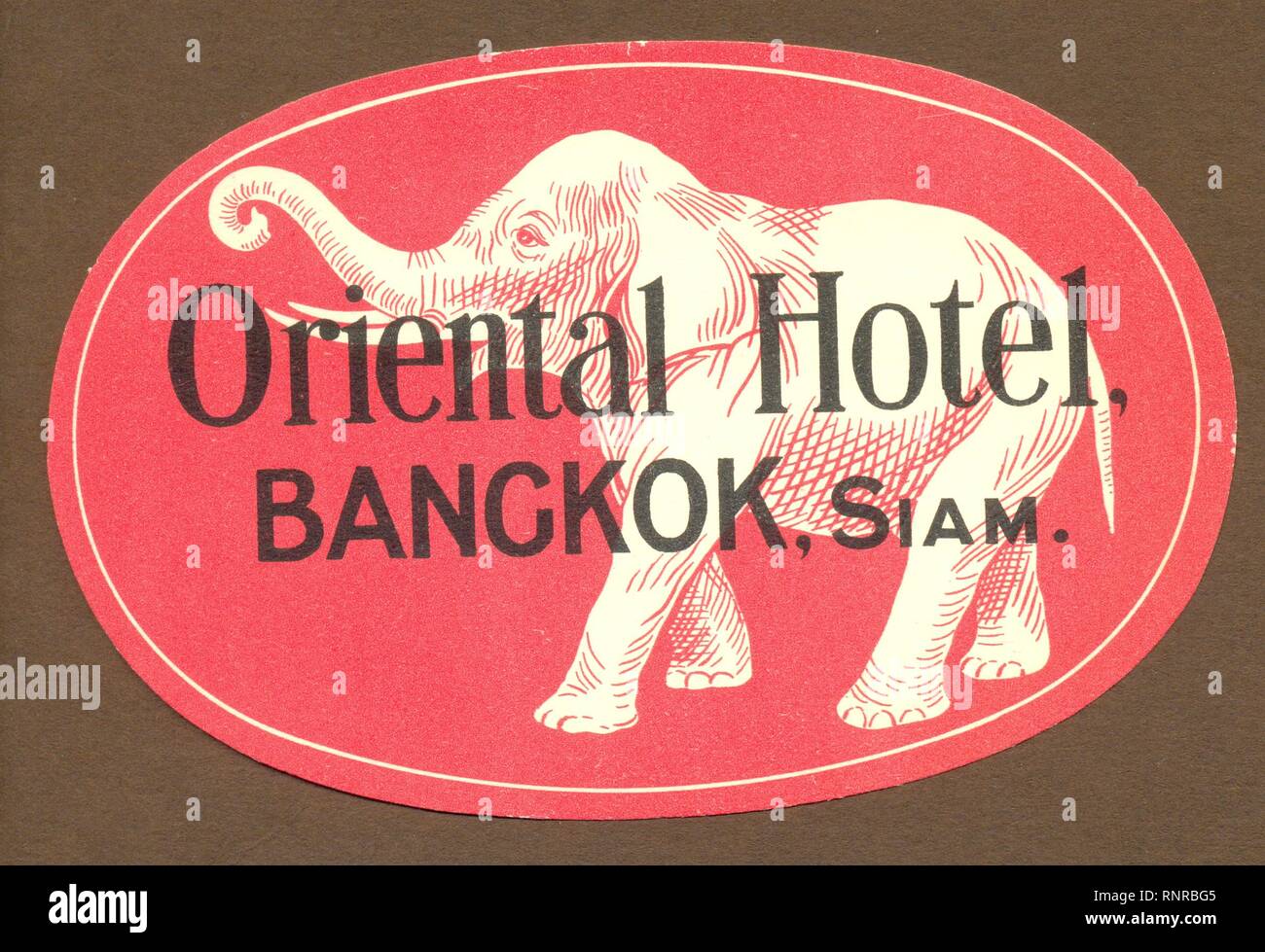 Étiquette bagage publicitaire pour l'Oriental Hotel, Bangkok, Siam 1930 Banque D'Images