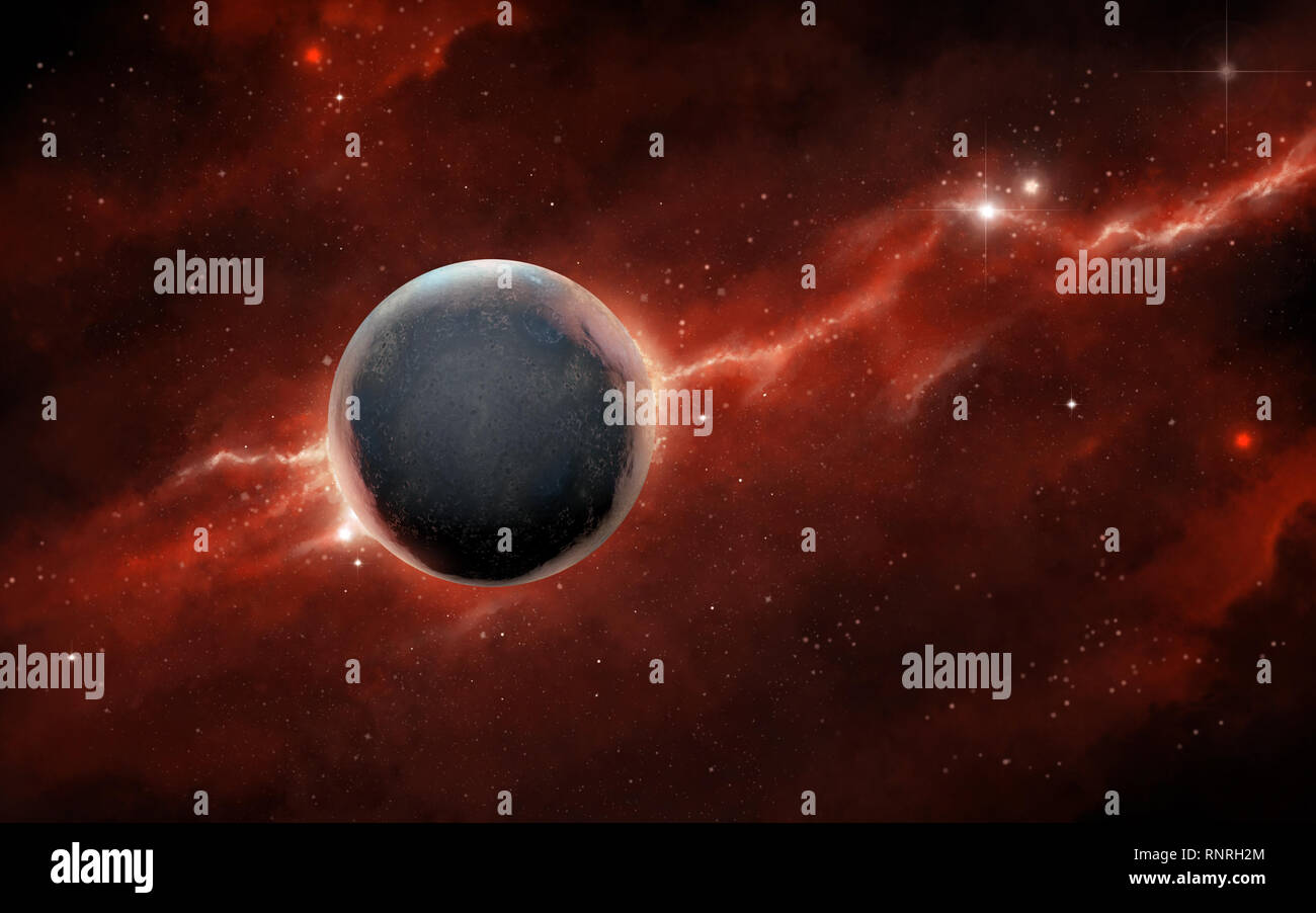 Spacescape avec une planète rocheuse et d'une nébuleuse rouge. Illustration numérique. Banque D'Images