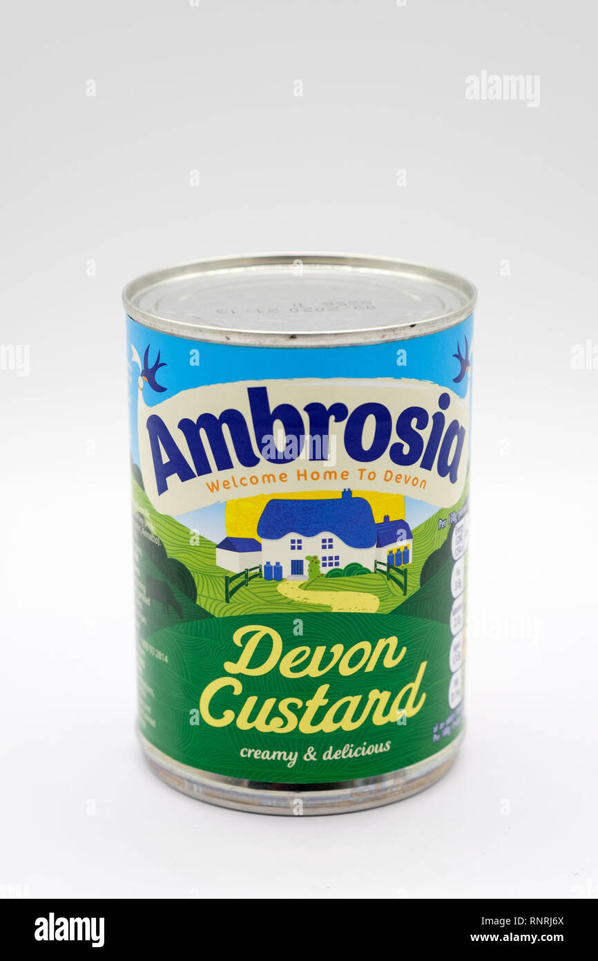 Largs, Ecosse, Royaume-Uni - 19 Février, 2019 Marque : Ambrosia Deven Custard en boîte et l'étiquette recyclable et nutritionnel des informations sur le recyclage à l'arrière. Banque D'Images