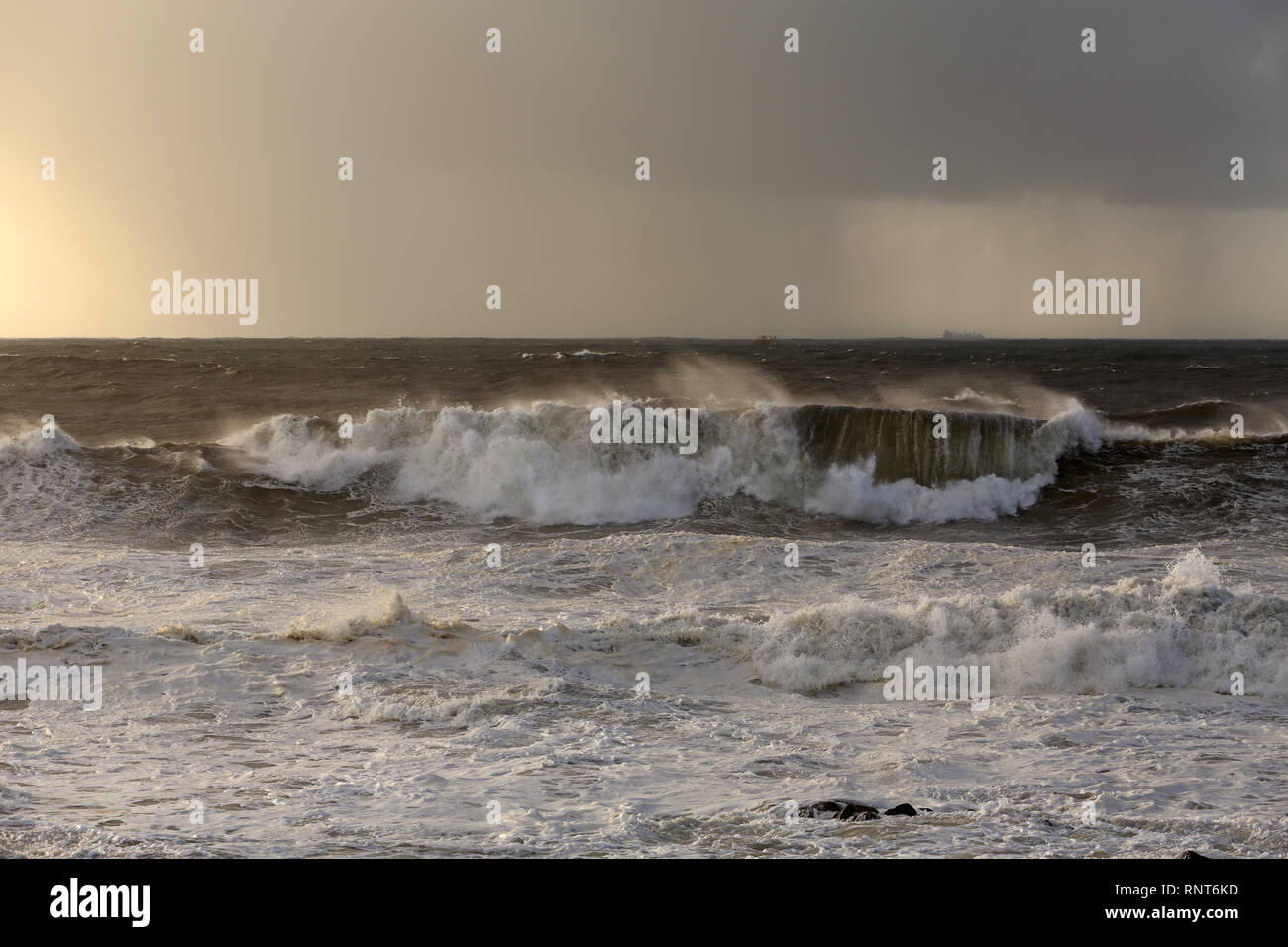 Grosse Vague au coucher du soleil avant la pluie et d'orage Banque D'Images
