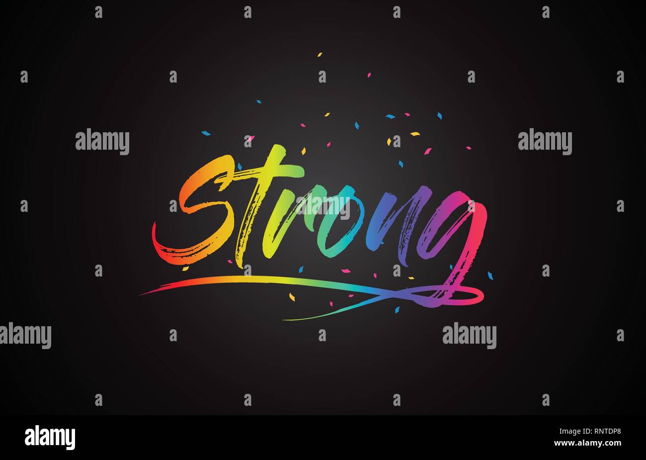 Mot fort du texte avec des couleurs arc-en-main et confettis Vector Illustration. Illustration de Vecteur