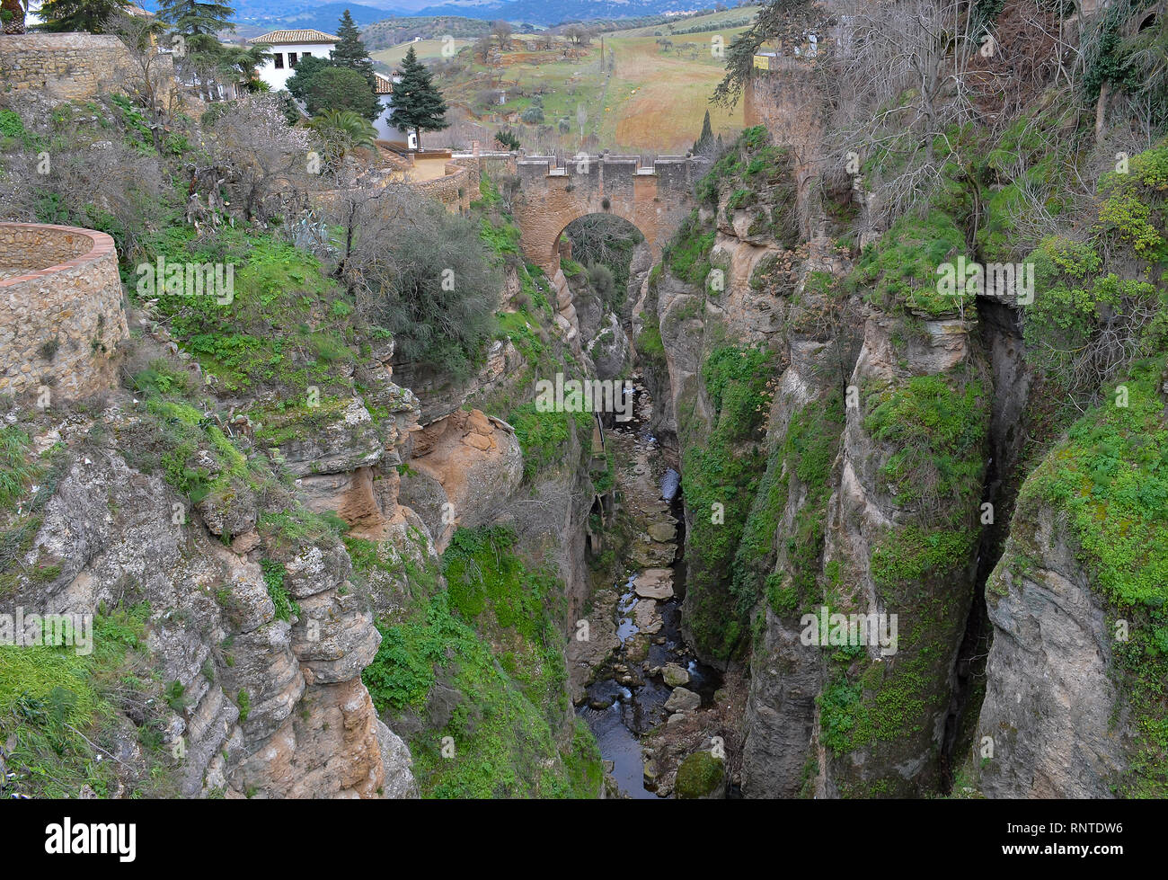 Vue de Puente Viejo (Vieux Pont) coup de Jardines de Cuenca à Ronda, Espagne Banque D'Images