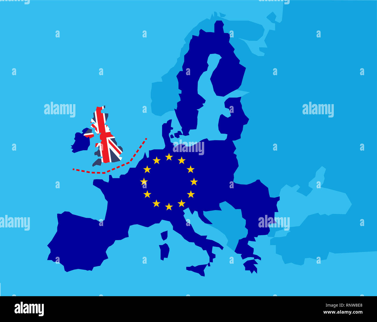 Brexit référendum UK concept - Royaume-Uni, Grande Bretagne ou Angleterre laissant avec l'UE comme un drapeau britannique et de l'UE étoile sur la carte de l'Europe avec la ligne de frontière Banque D'Images