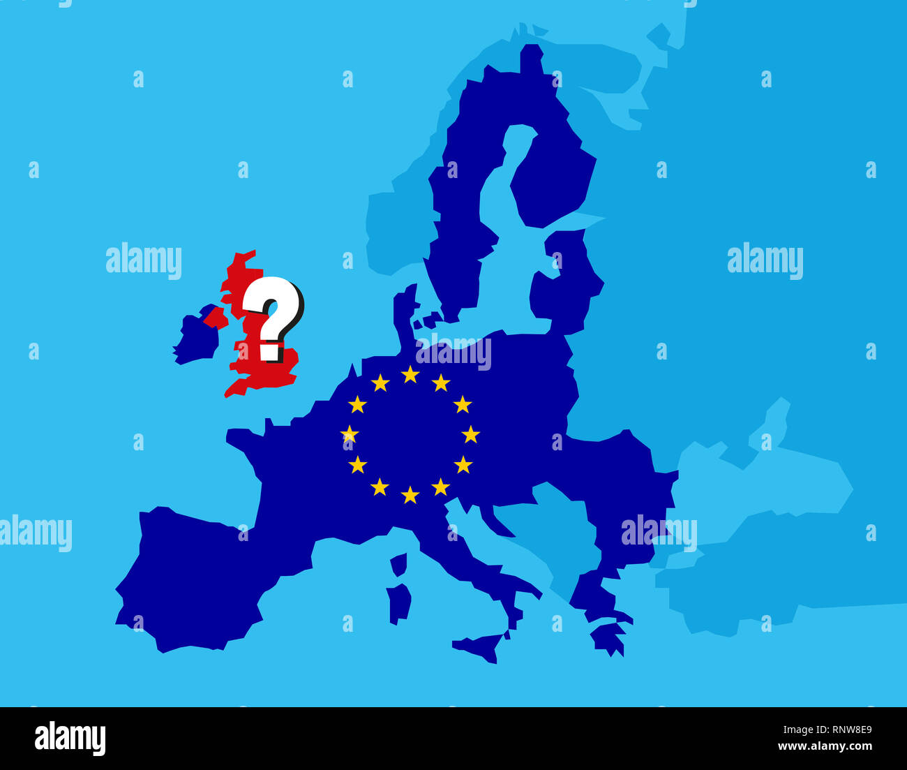 Brexit référendum UK concept - Royaume-Uni, Grande Bretagne ou Angleterre laissant avec l'UE comme un drapeau britannique et de l'UE étoile sur la carte de l'Europe avec de grandes question ma Banque D'Images