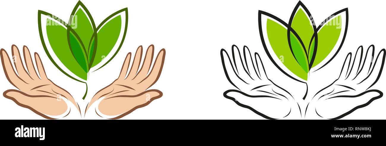 Dans les mains, des feuilles d'un logo. Label biologique, naturel, symbole de la nature. Vector illustration Illustration de Vecteur