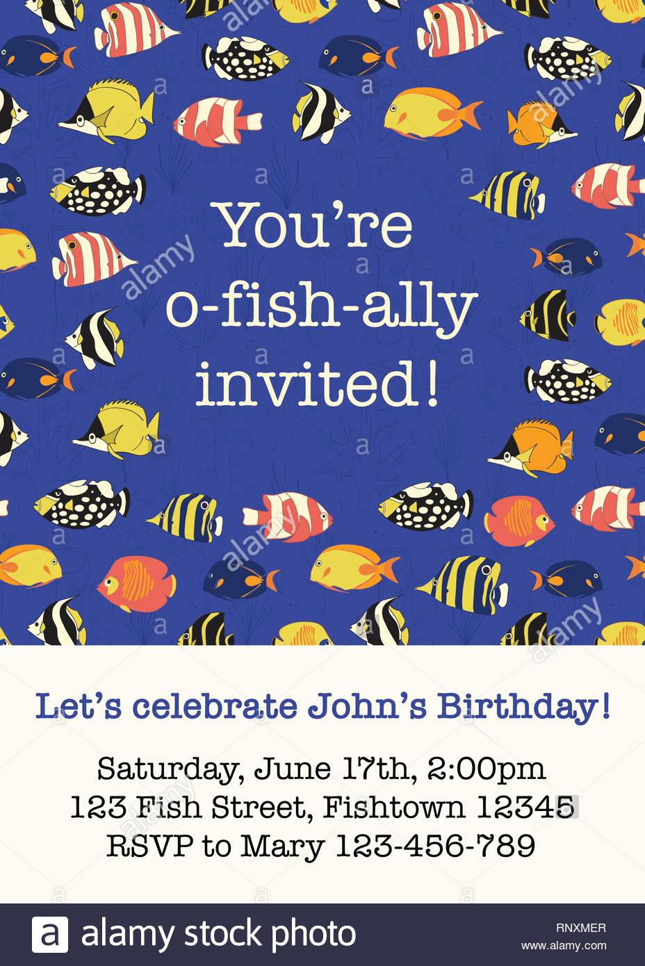 Des Poissons Colores Partie Modele De Carte D Invitation Illustration Vecteur De Poissons De Recifs Tropicaux Vous Etes O Fish Ally Invites Fun Reservez La Date Anniversaire Pour Inviter L Ete Beach Party Barbecue De Fruits