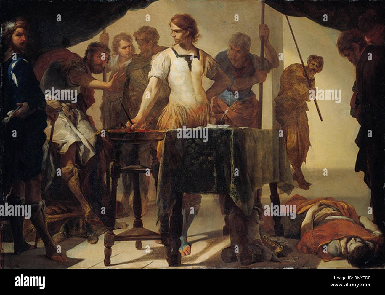 'Caius Mucius Scaevola auxquels le roi Porsenna" huile sur toile de cuivre par Bernardo Cavallino. Banque D'Images