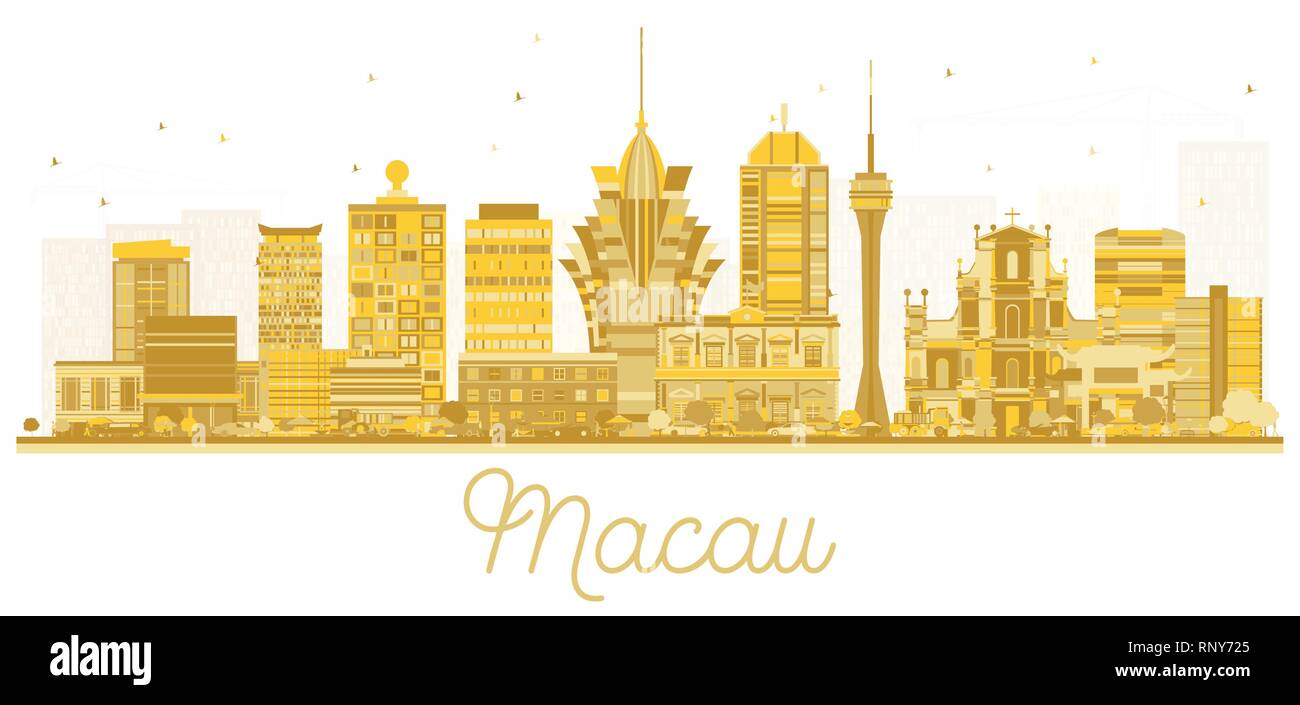 La Chine Macao Ville Silhouette aux bâtiments d'or isolé sur blanc. Vector Illustration. Illustration de Vecteur