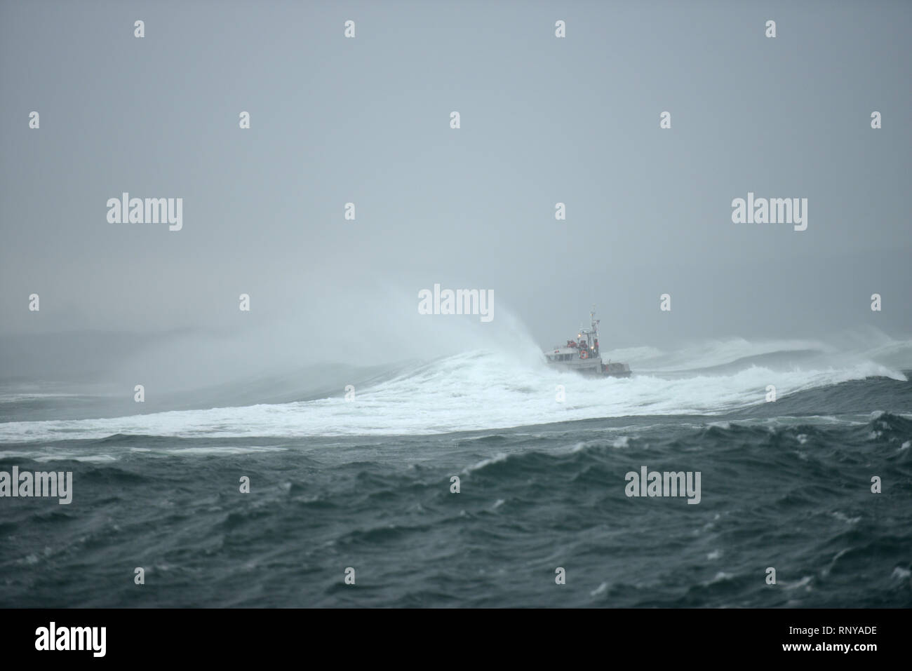 Un équipage à bord d'un moteur de 47 pieds Bateau La vie dans les trains de surf près de Clatsop Spit à Pagosa Springs, Oregon, le 15 février 2019. Les équipages de bateaux Cap déception et la station National Motor Yacht La vie dans l'École a formé 14 à 16 pieds. U.S. Coast Guard photo de Maître de 1re classe Levi Lire. Banque D'Images