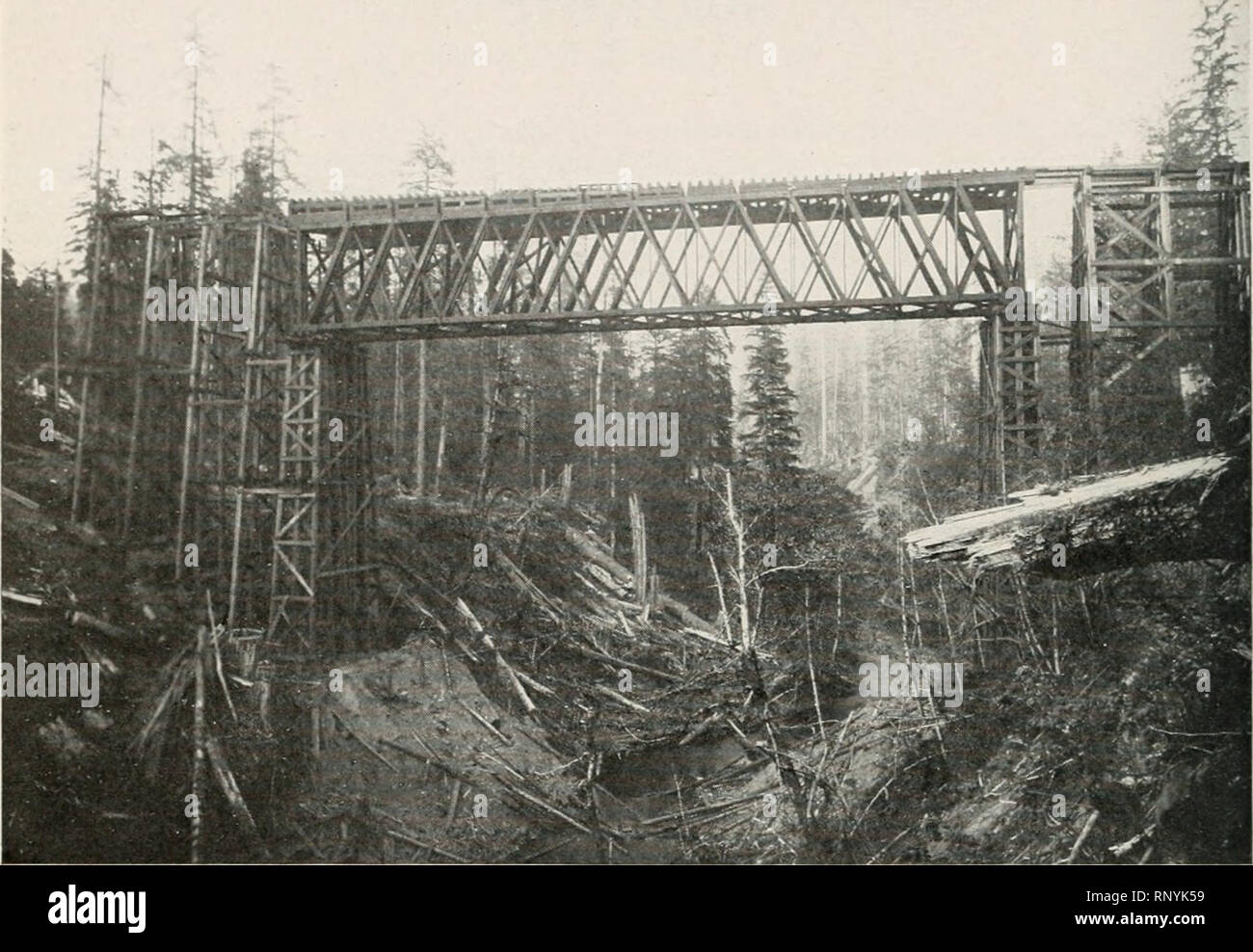 . American Forestry. Les forêts et la foresterie. 378 AAIERICAX LA FORESTERIE. SIMPSON LOGGING CO.'S BRIDGE EN PHASE DE CONSTRUCTION. HIELS DES JEUX OLYMPIQUES. Début de pied- Une fois que vous obtenez votre pays vous avez mappé une magnifique base de travail sur le preHminary reconnais- sance pour les chemins de fer. Il est généralement bien pavs de passer d'aussi près que possible l'itinéraire à prendre par la route et se familiariser avec le topo- graphiques, qui contrôlera la fu- ture road. Par exemple, supposons que, après un kilomètre environ, à la suite d'une entente provisoire de qualité, disons 2  %, vous trouverez tha Banque D'Images