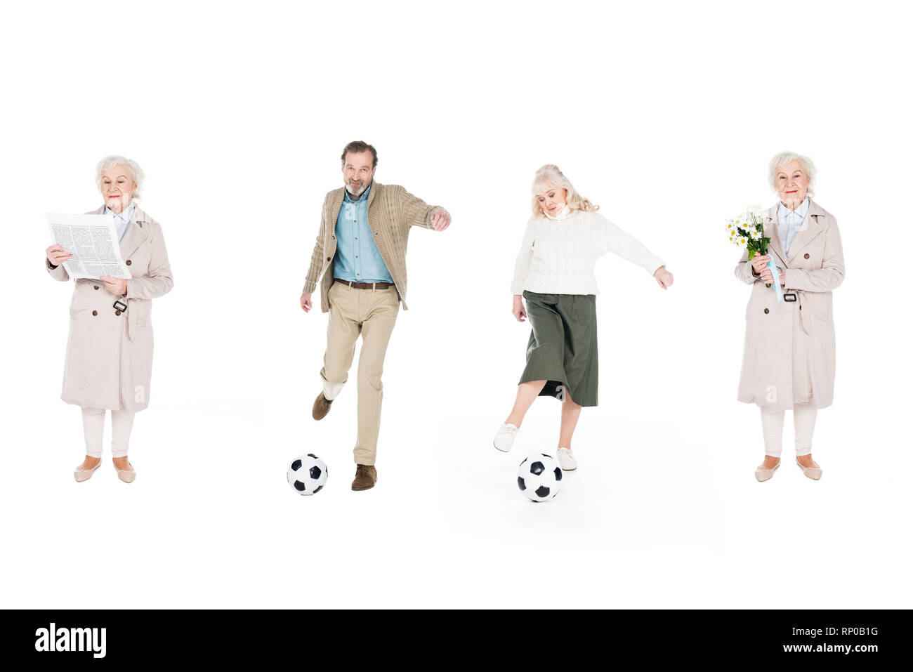 Collage des retraités qui jouent au football près de femmes avec des fleurs et de journaux isolated on white Banque D'Images