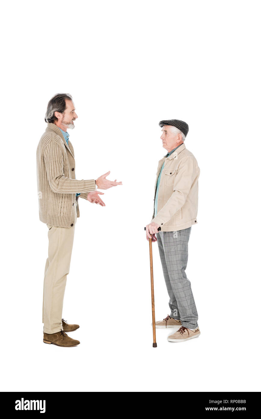 Libre de parler avec ami avec canne isolated on white Banque D'Images