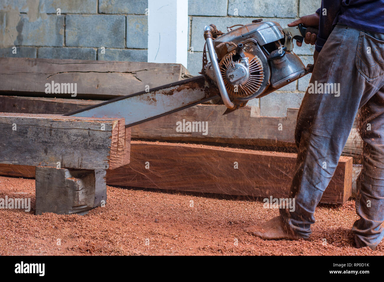Carpenter est l'utilisation de moteur à essence, Tronçonneuse portative couper du bois. Banque D'Images