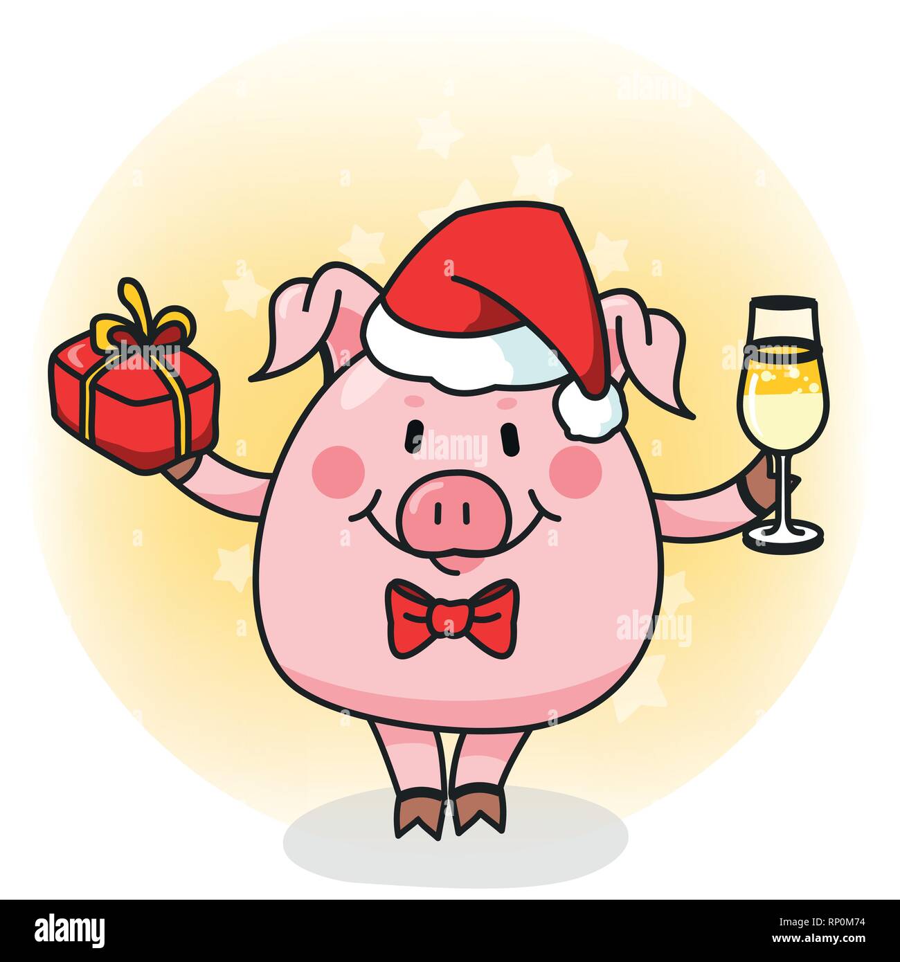 Piggy avec champagne et cadeaux dessin libre Illustration de Vecteur