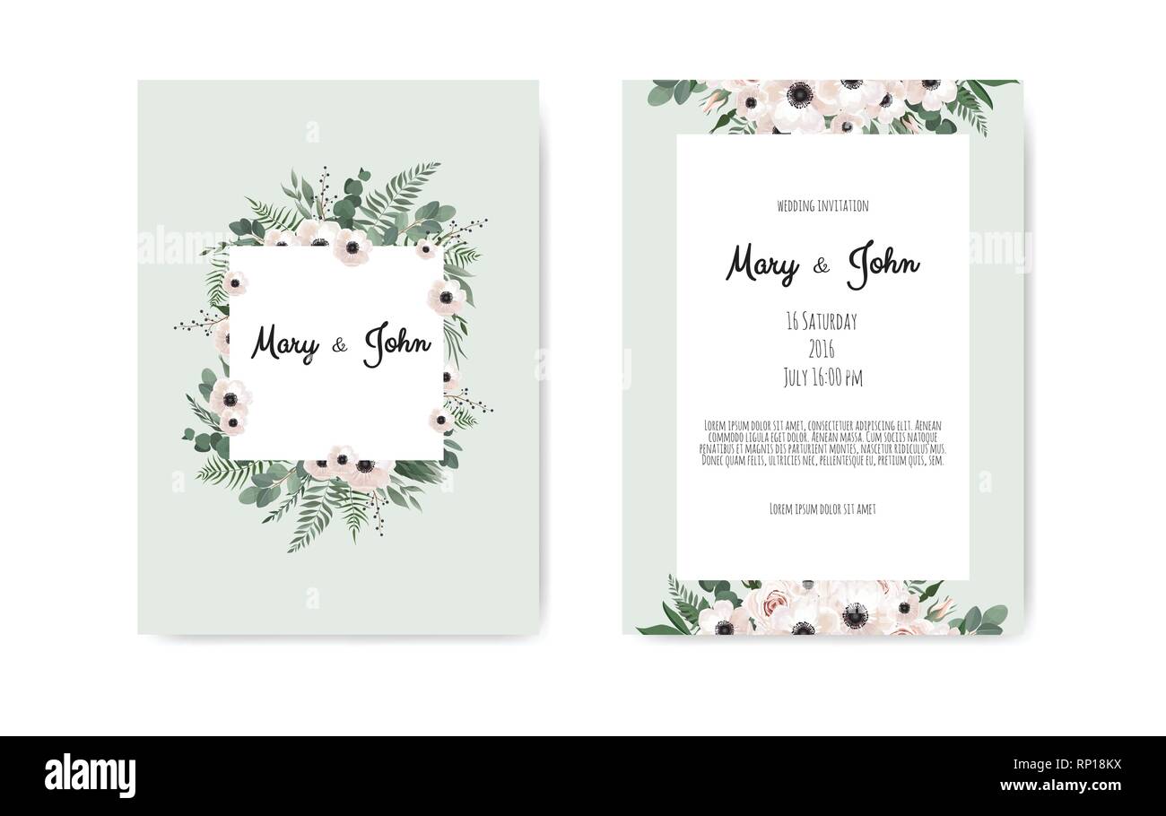 Modèle de carte d'invitation de mariage botanique design, fleurs blanches et roses sur fond blanc. Illustration de Vecteur