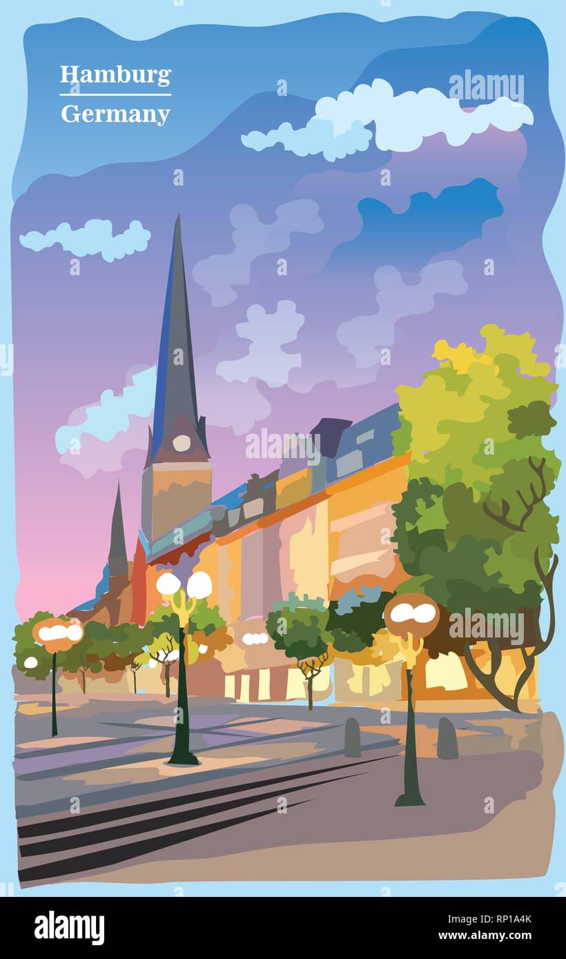 Vue urbaine avec vue sur Hauptkirche Eglise Saint-Pierre à Hambourg, Allemagne. Monument International de Hambourg. Illustration vecteur de couleur. Illustration de Vecteur