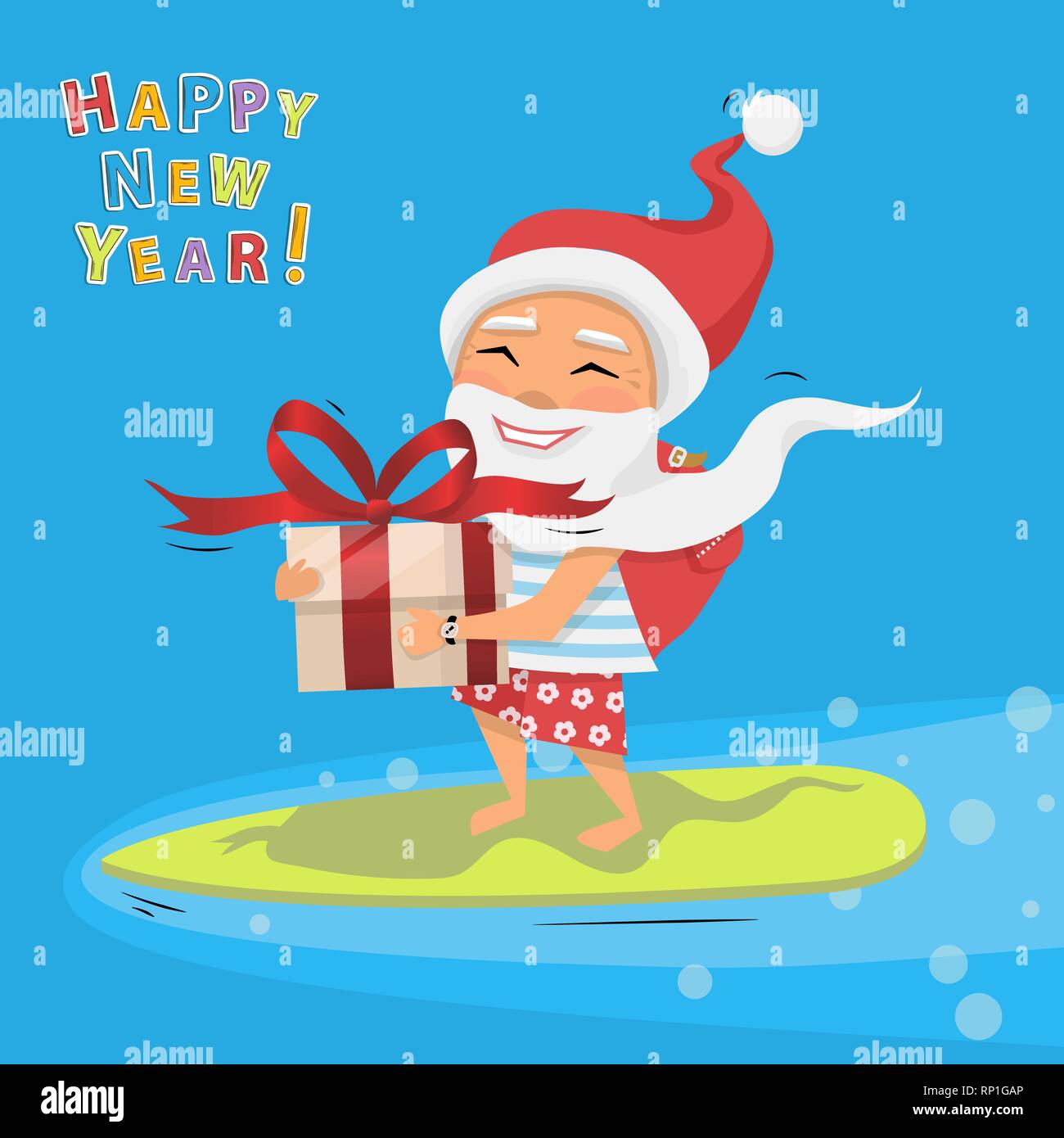 Père Noël avec grande boîte cadeau et ruban avec un arc dans la main à cheval un surf Illustration de Vecteur