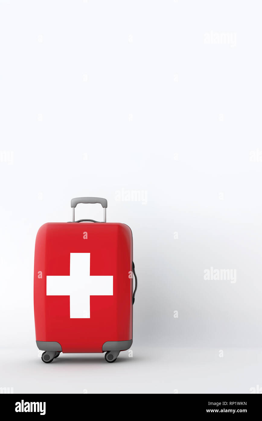 Valise de voyage avec le drapeau de la Suisse. Destination de vacances. 3D Render Banque D'Images