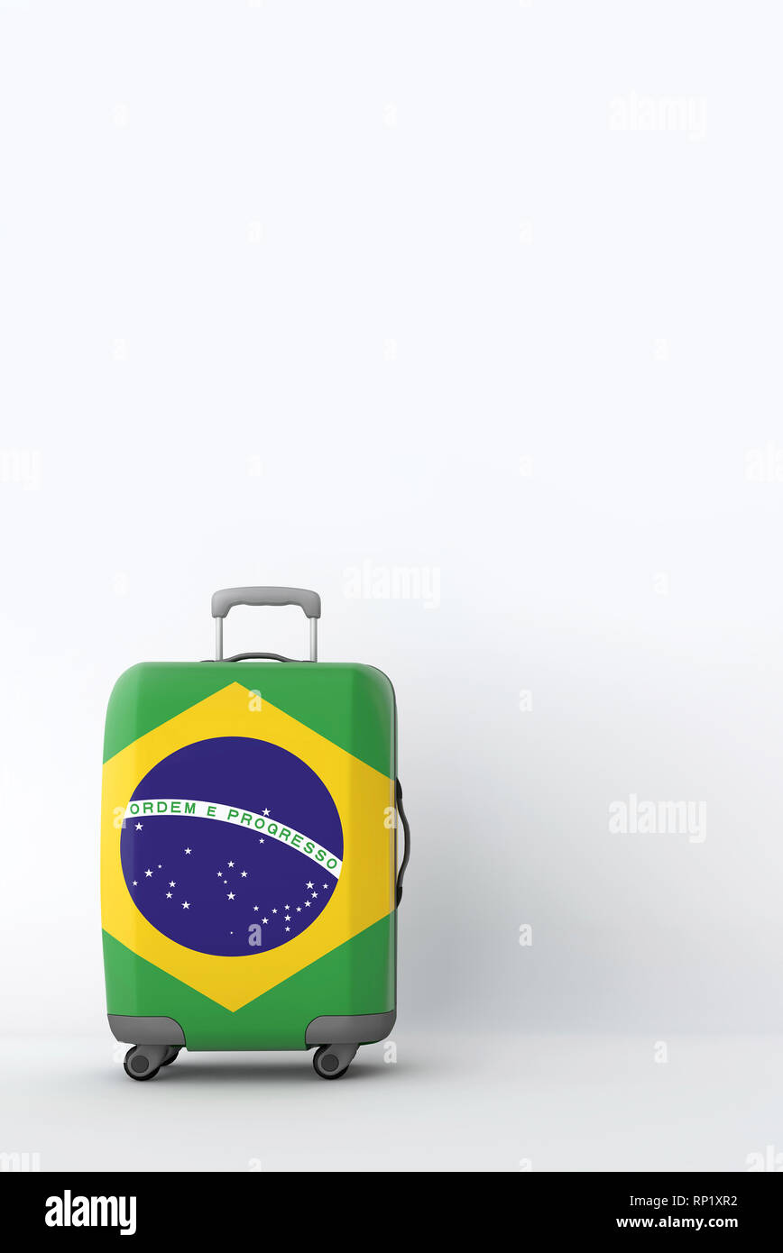 Valise de voyage avec le drapeau du Brésil. Destination de vacances. 3D Render Banque D'Images