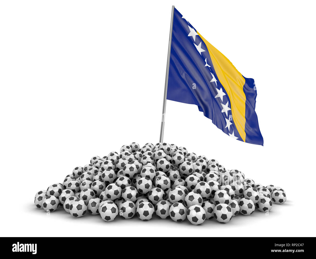 Tas de ballons de soccer et d'un drapeau. Image avec clipping path Banque D'Images
