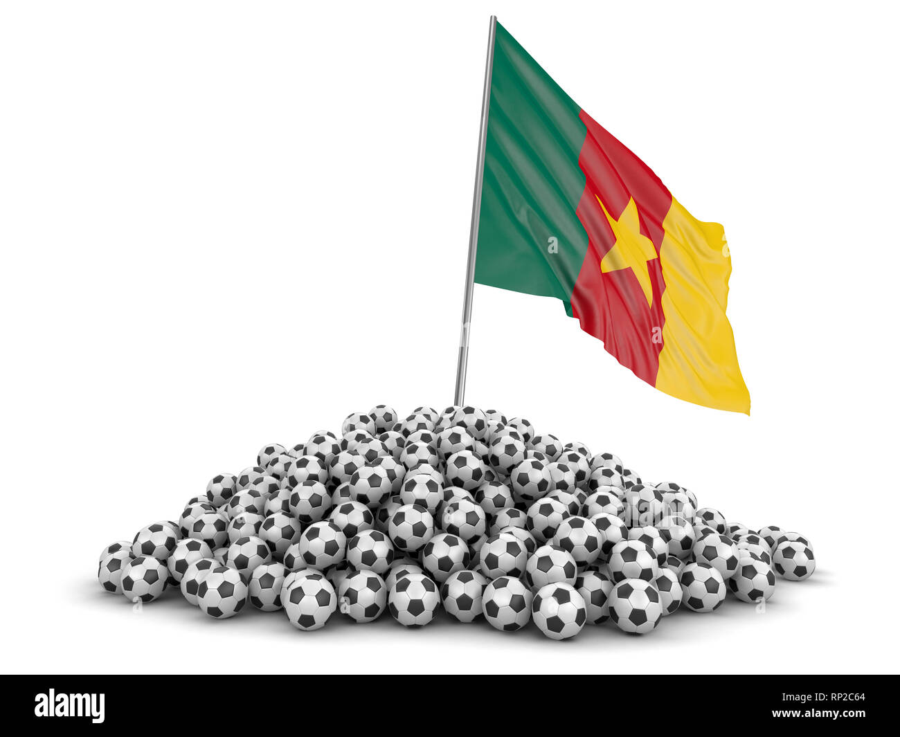 Tas de ballons de soccer et d'un drapeau. Image avec clipping path Banque D'Images