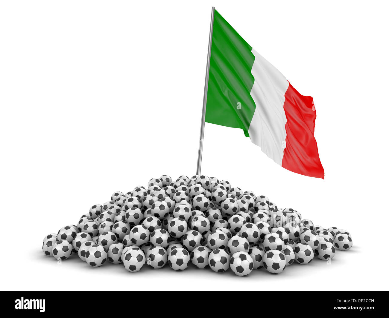 Tas de ballons de soccer et d'un drapeau. Image avec clipping path Banque D'Images