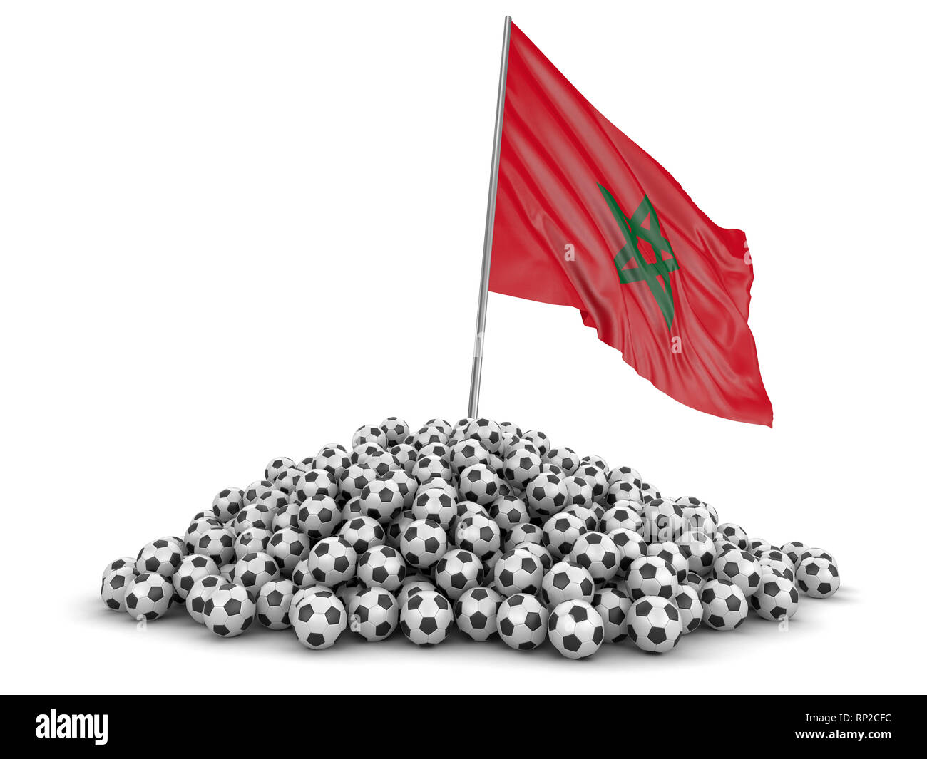 Tas de ballons de soccer et d'un drapeau. Image avec clipping path Banque D'Images
