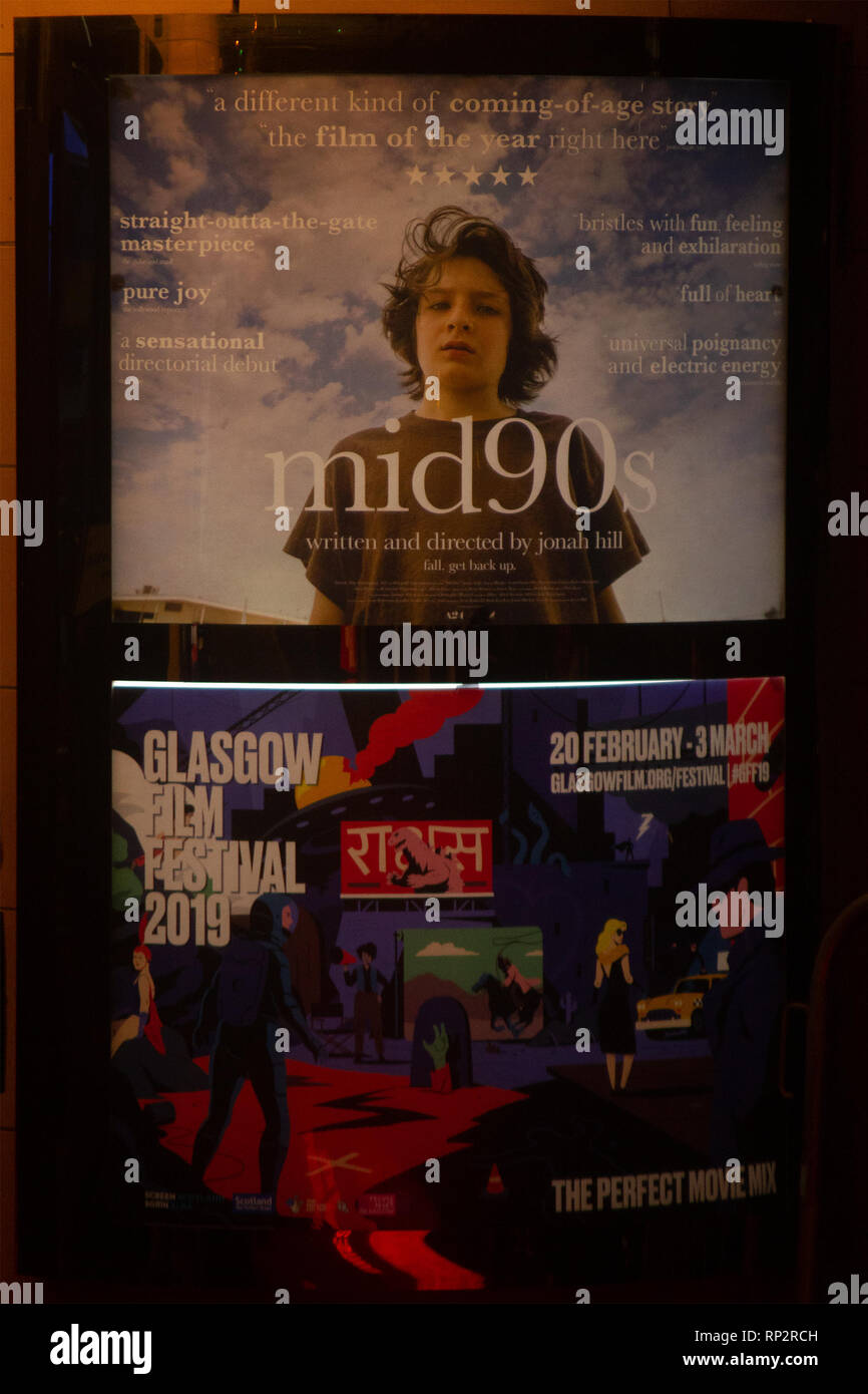 Glasgow, Ecosse, Royaume-Uni. 20 Février, 2019. Festival du Film de Glasgow 2019 (GFF) a ouvert à la Glasgow Film Theatre (GFT), ce soir, avec la projection de la Mi90s. C'était la première du film au Royaume-Uni, une partie du Gala Strand, qui a été écrit et réalisé par Jonah Hill. Mi90s est "un accueil chaleureux, célébration de l'irrépressible, jamais-dire-die esprit [d'un garçon de 13 ans].' GFF soit jusqu'au 03 mars 2019. Iain McGuinness / Alamy Live News Banque D'Images