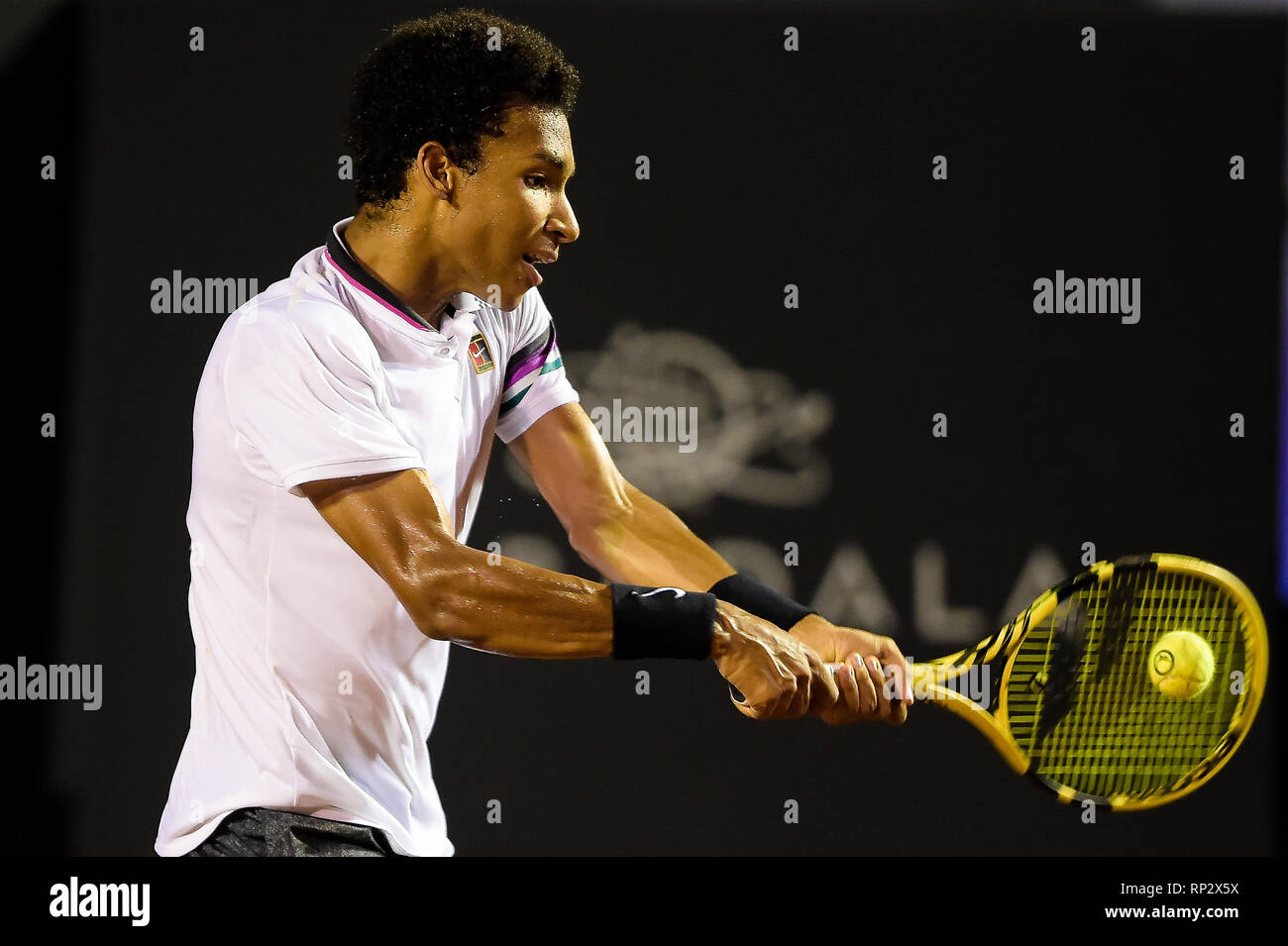 Rio de Janeiro, Brésil. Feb 20, 2019. RJ - Rio de Janeiro - 02/20/2019 - Open Rio 2019 - joueur de tennis canadien Félix Auger-Aliassime lors d'un match contre le joueur de tennis chilien Christian Garin au Rio Open 2019, ATP 500 étape du world circuit tennis tenue au Jockey Club Brasileiro, lieu où les concours ont lieu entre 16 et 24 février. Photo : Thiago Ribeiro/AGIF : Crédit AGIF/Alamy Live News Banque D'Images