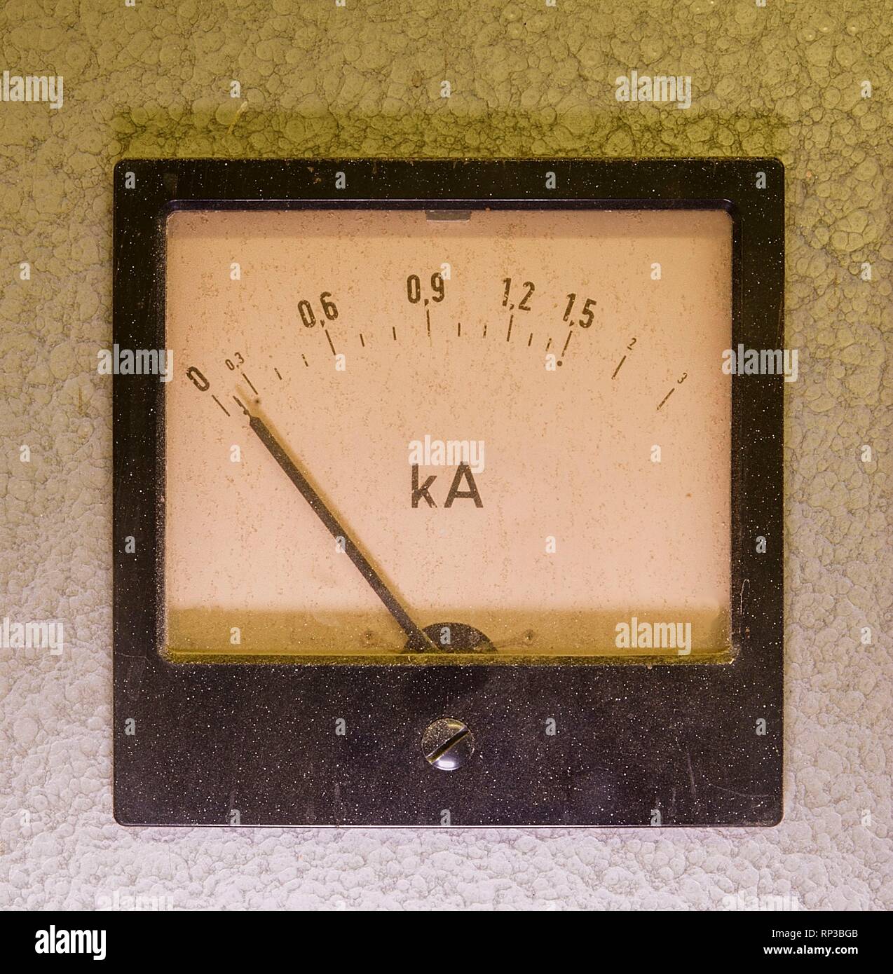 Ancien instrument analogique - ampèremètre isolé sur fond gris. Banque D'Images