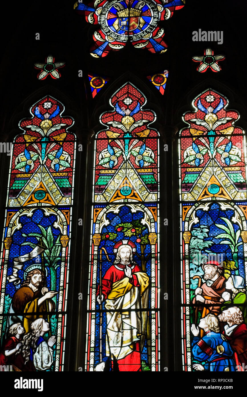 Vitrail avec des scènes religieuses, Saint-George's Anglican Church, Montréal, Québec, Canada Banque D'Images