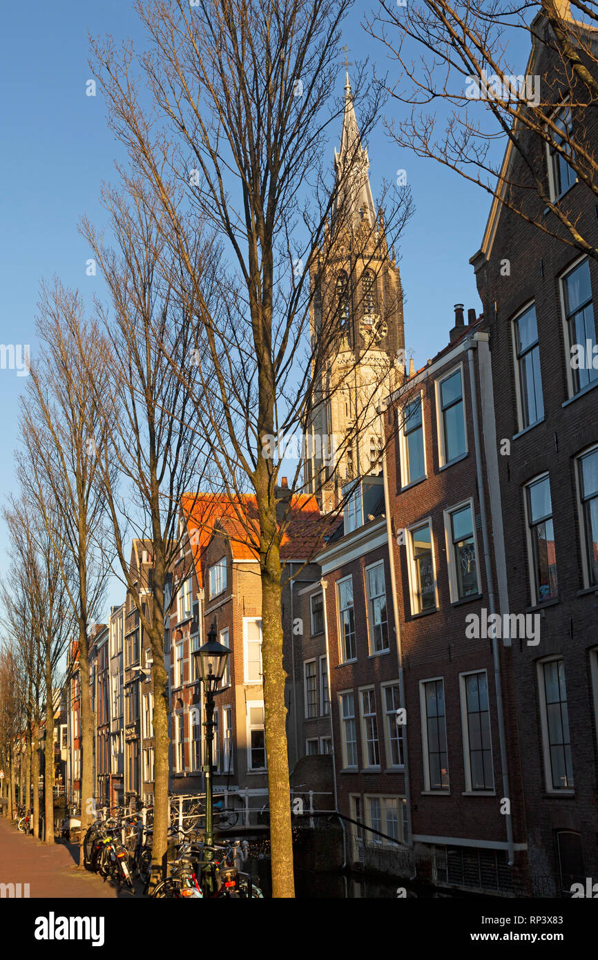 La flèche de la Nieuwe Kerk (nouvelle église) à Delft, aux Pays-Bas. La tour s'élève à plus de 108 mètres de hauteur et de pics sur les bâtiments Banque D'Images