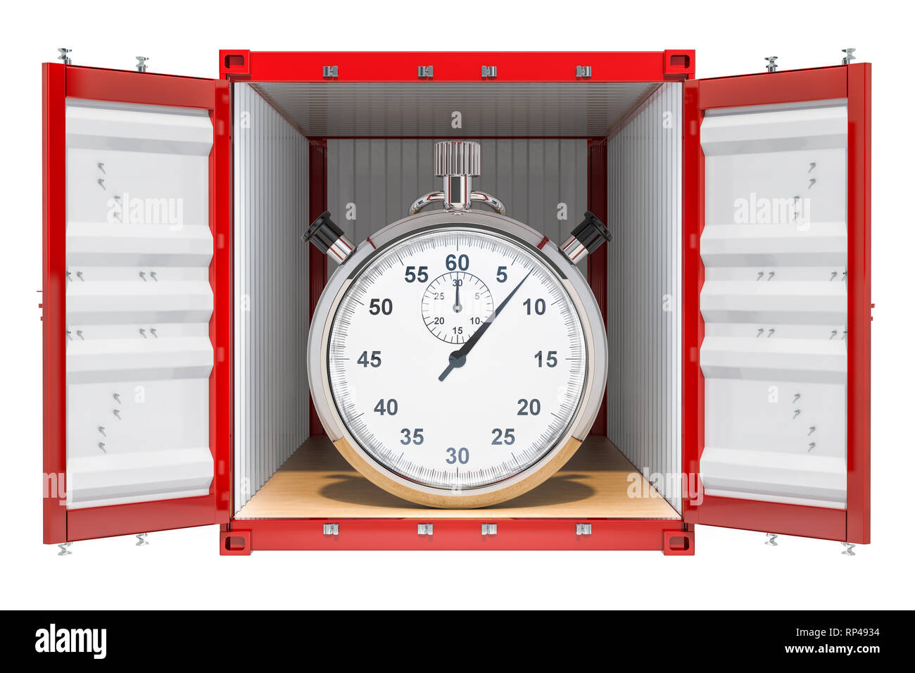 Livraison rapide concept. Conteneur avec chronomètre à l'intérieur, rendu 3D isolé sur fond blanc Banque D'Images