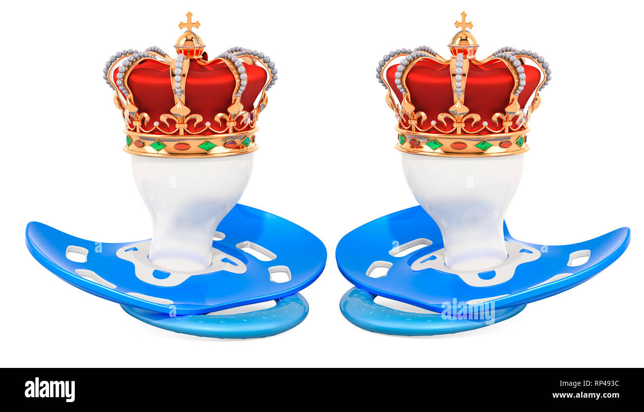 Les jumeaux Royal concept. Deux sucettes bleu avec couronne d'or. Le rendu 3D isolé sur fond blanc Banque D'Images