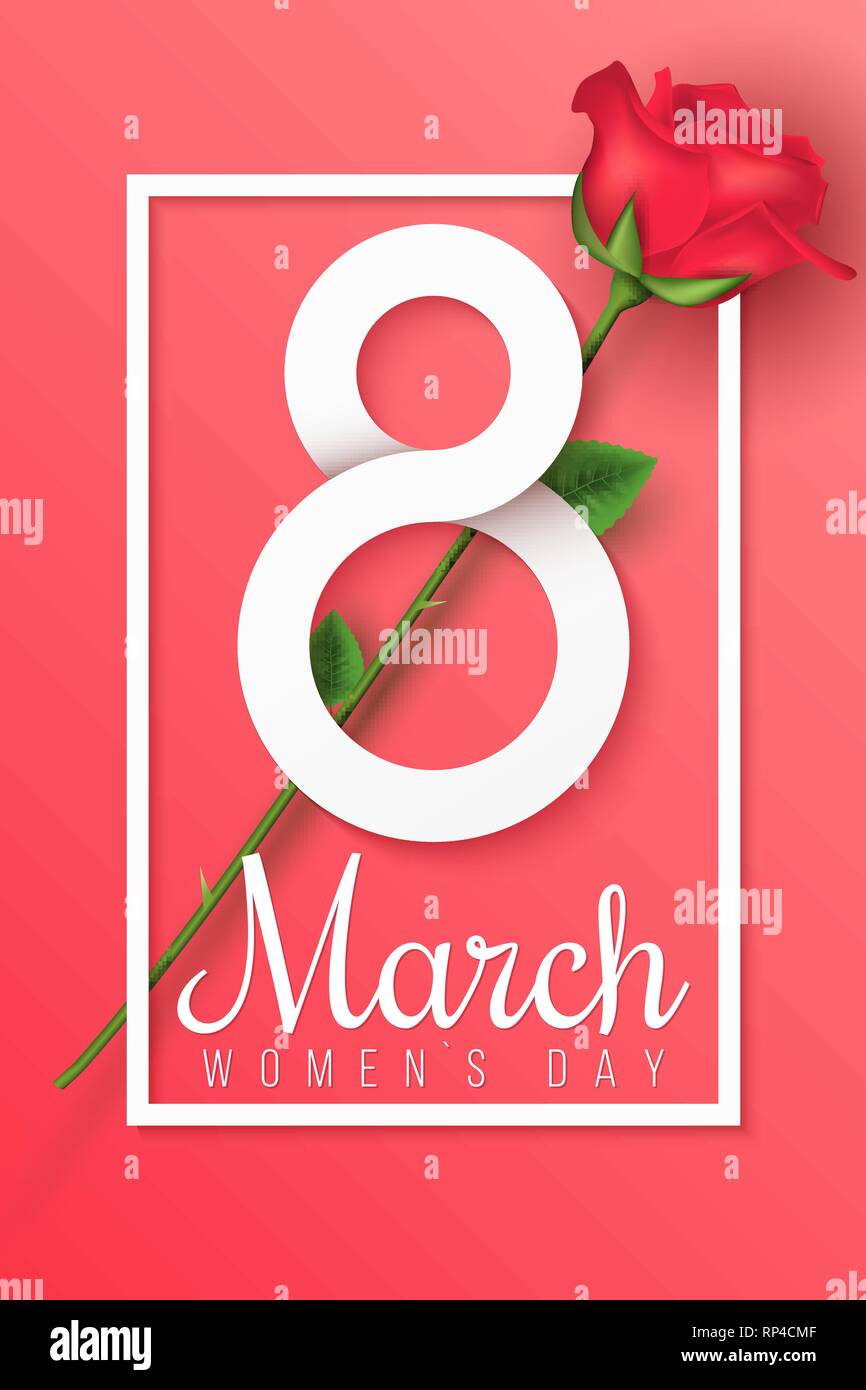 Carte de vœux pour le 8 mars. La Journée internationale de la femme. Numéro 8 Du papier avec du texte dans l'image et réaliste rose rouge fleur. Web fête de l'affiche. Co romantique Illustration de Vecteur