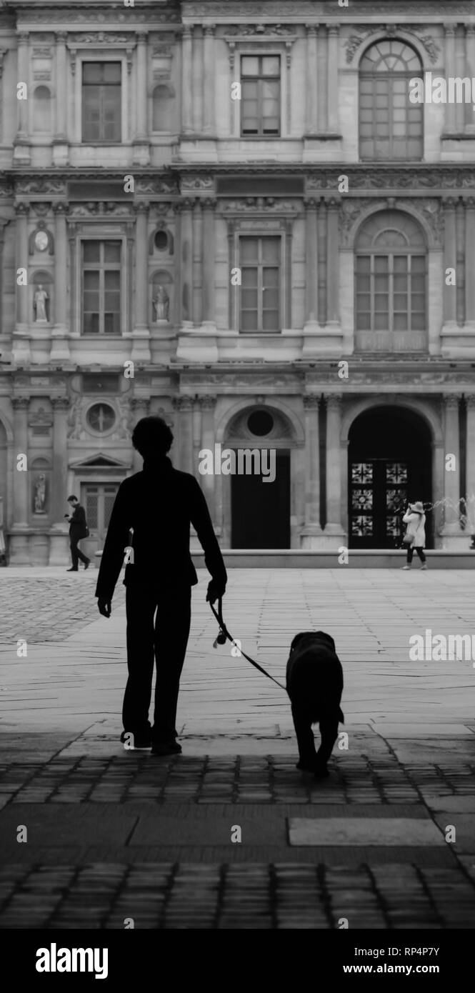 Un homme et son chien marche à travers Paris près du Louvre. Banque D'Images