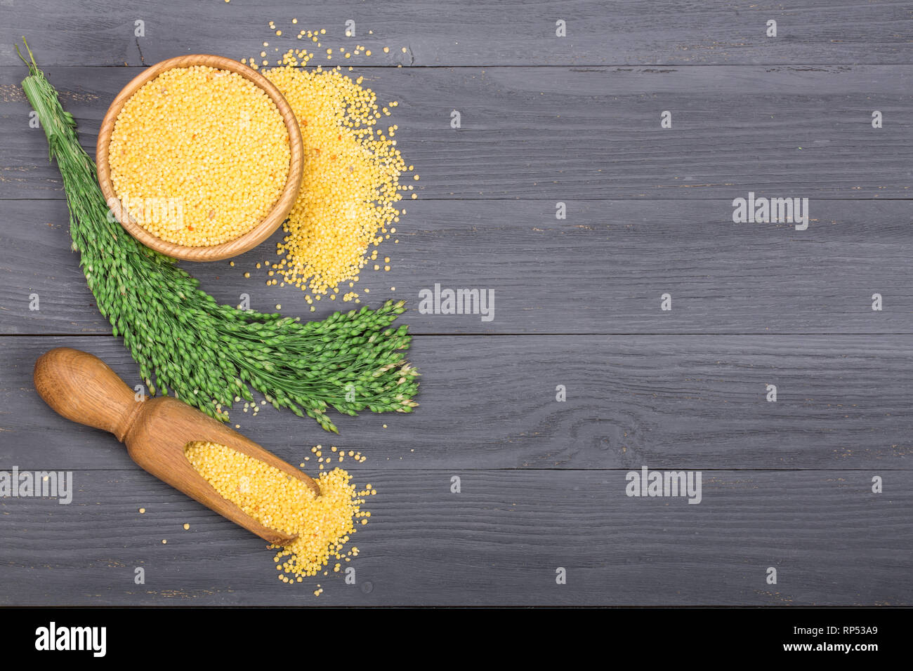 Millet dans bol en bois, scoop et épillets vert sur le fond en bois noir avec l'exemplaire de l'espace pour votre texte. Vue d'en haut. Banque D'Images