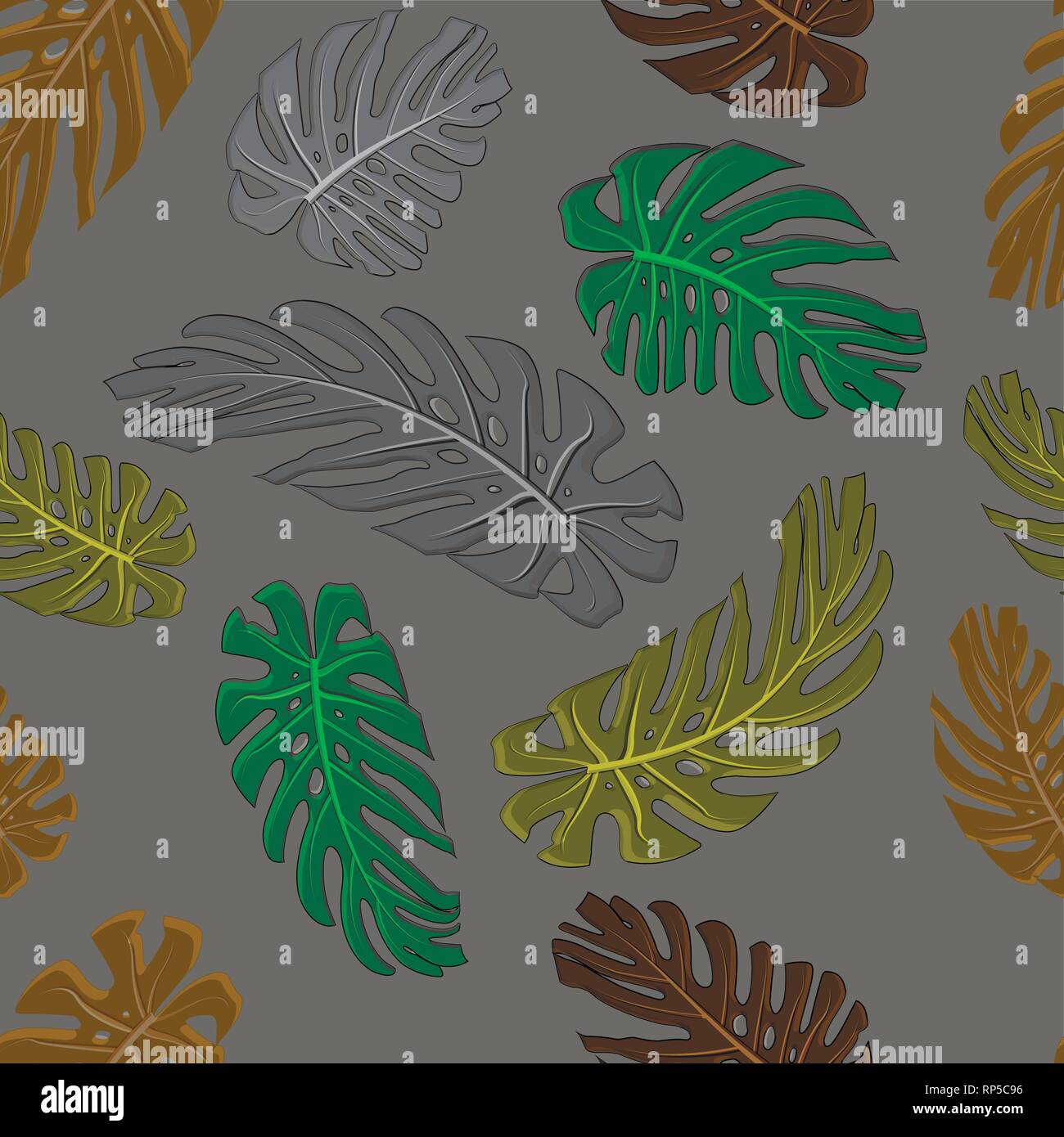 Feuilles de Monstera motif textile sans couture. Ensemble d'éléments du vecteur, de tropical, exotique, design d'été. Monstera deliciosa isolé sur fond. Illustration de Vecteur