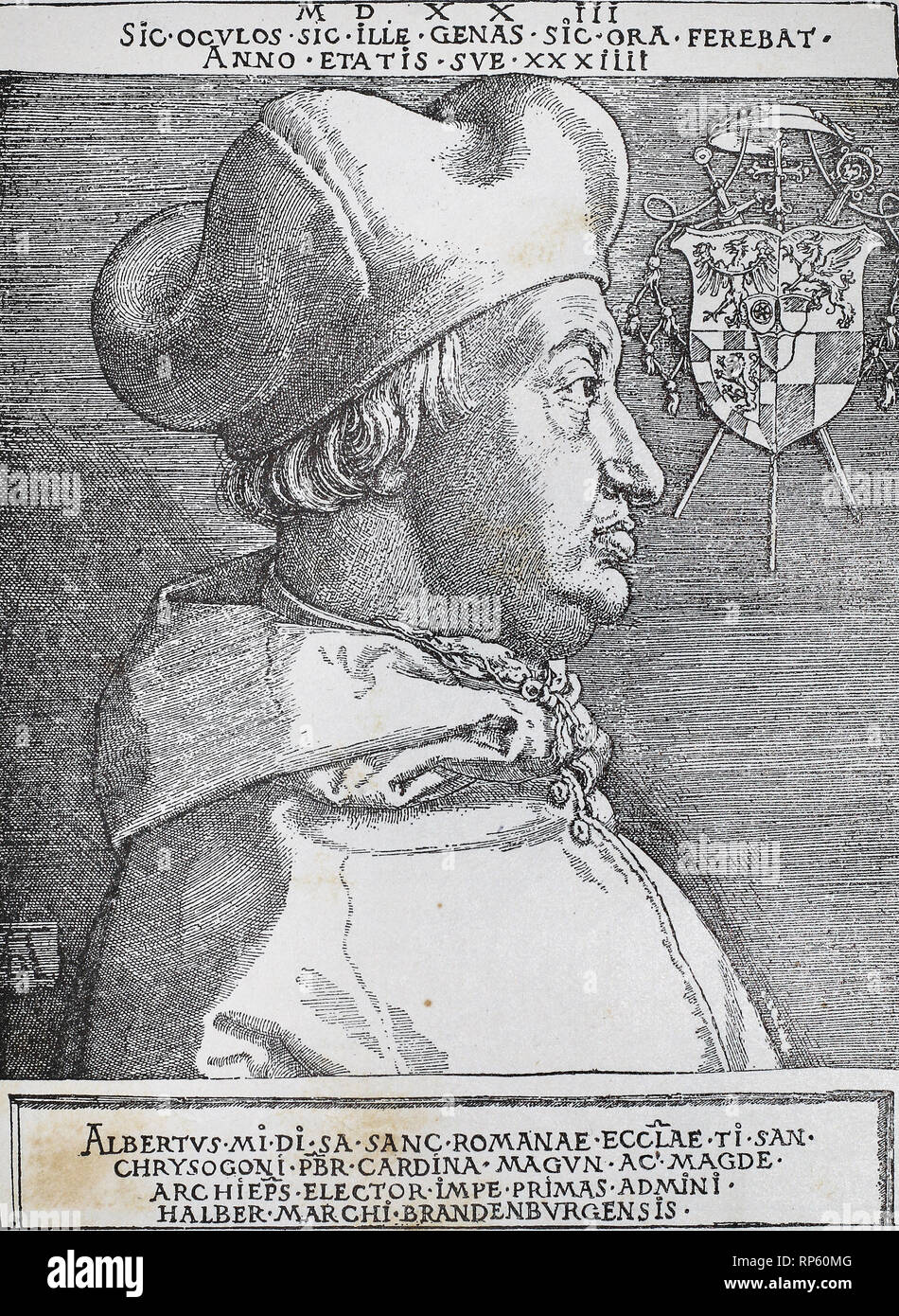 Portrait d'Albrecht de Brandebourg, Archevêque et prince-électeur de Mayence. Gravure médiévale. Banque D'Images