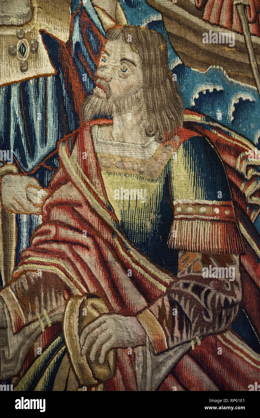 Explorateur et navigateur portugais Vasco da Gama décrite dans la tapisserie "La découverte de l'inde' fabriqués à Tournai (1504-1520) sur l'affichage dans le Musée National d'Art Ancien (Museu Nacional de Arte Antiga) à Lisbonne, Portugal. Banque D'Images