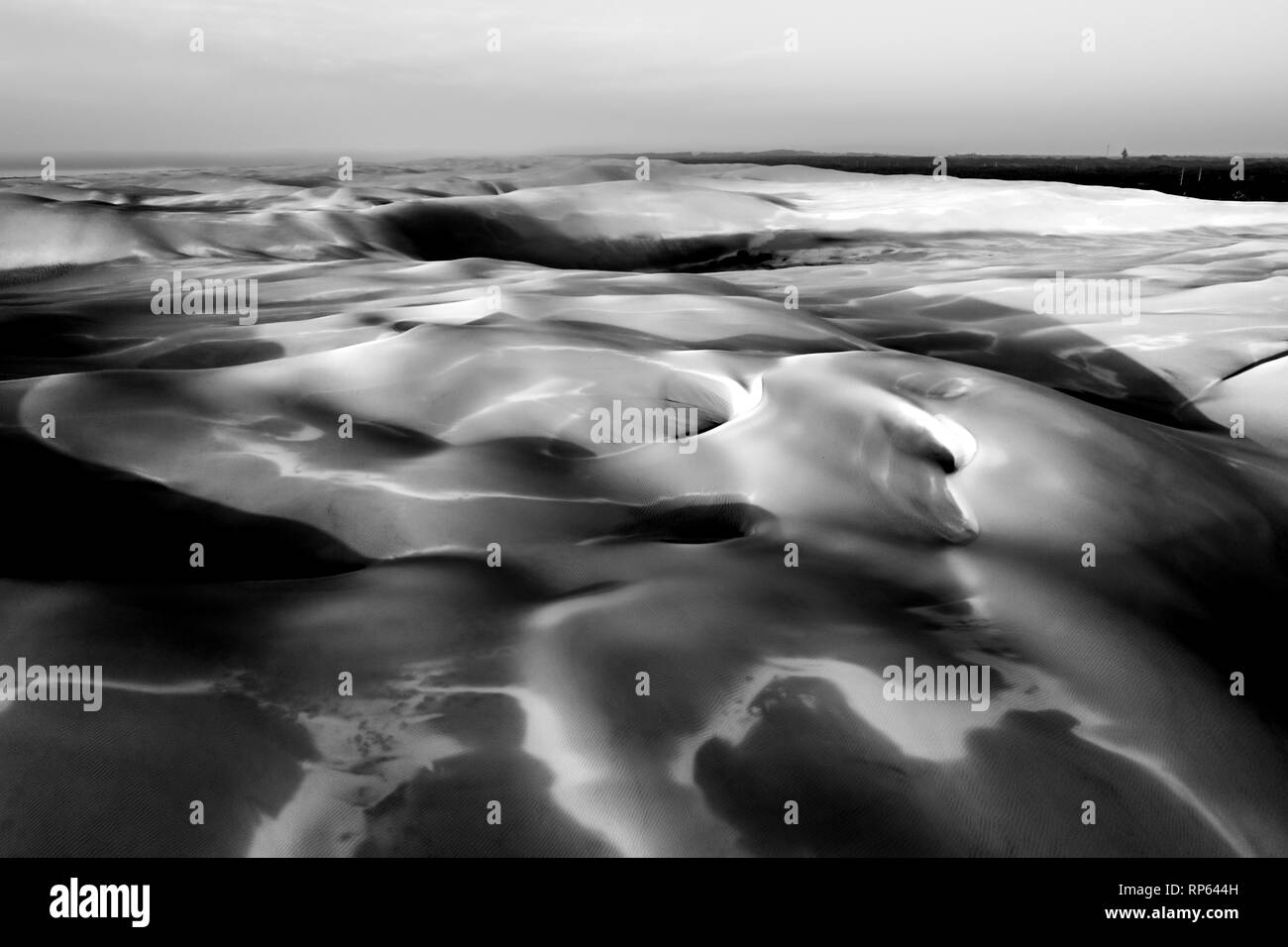 Paysage aérien de belles dunes de sable au lever du soleil en noir et blanc Banque D'Images