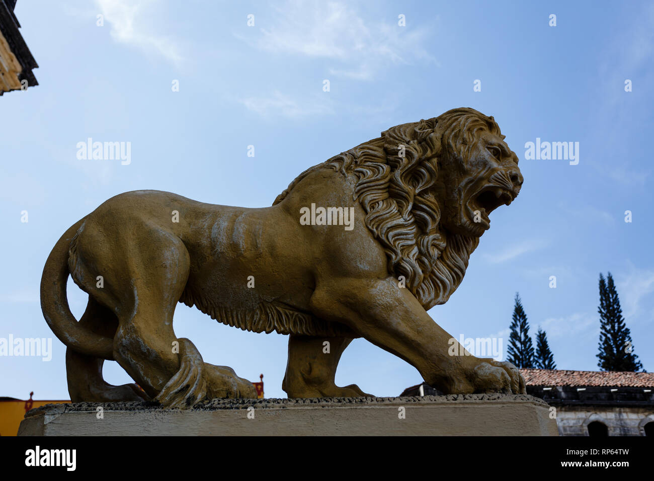 Statue de pierre d'un grognement féroce, lion dans la ville de Leon Nicaragua Banque D'Images