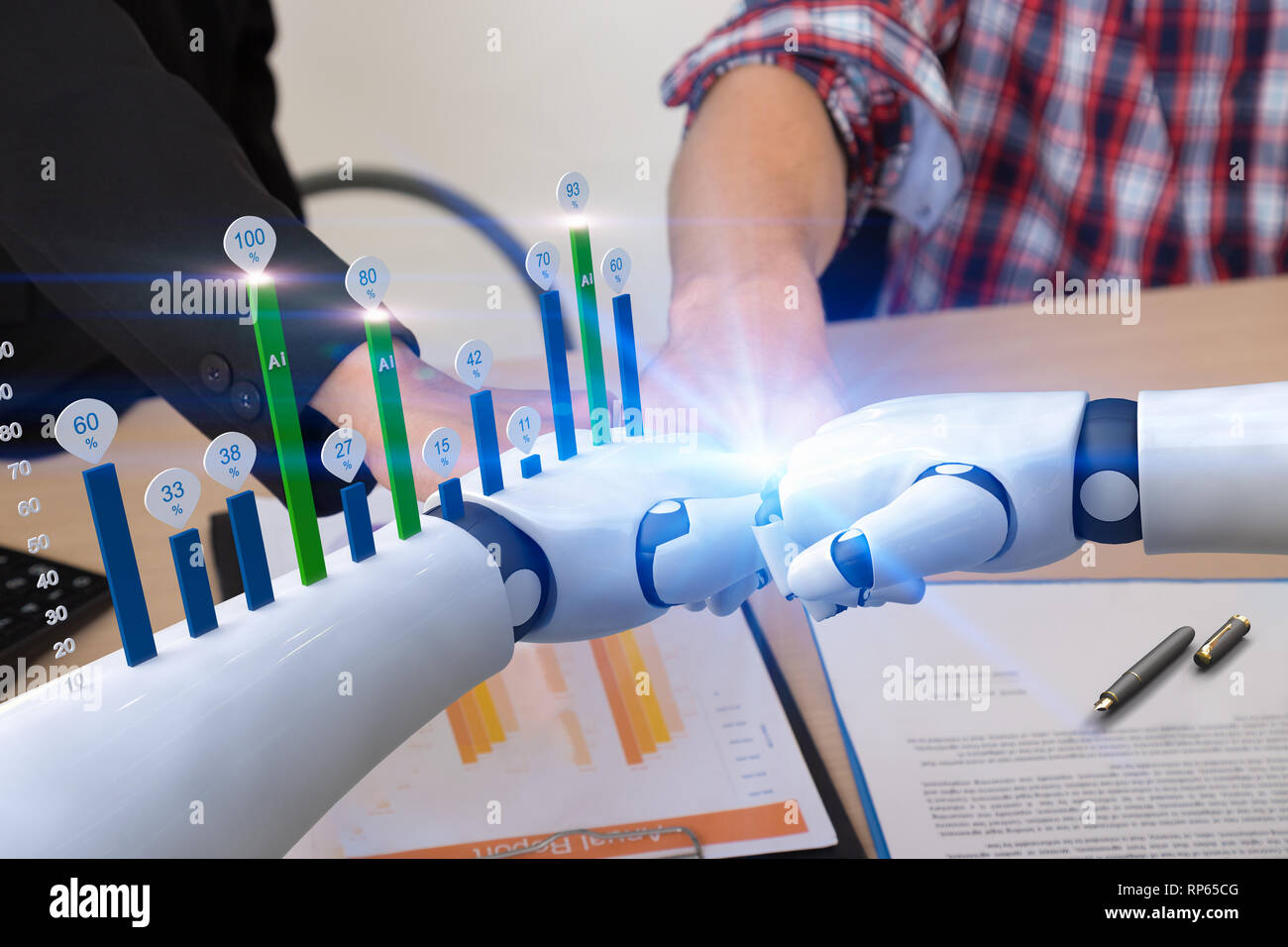 Les gens d'affaires avec les mains de supplantation robot technologie d'intelligence artificielle, augmenter la croissance de l'entreprise concept Banque D'Images