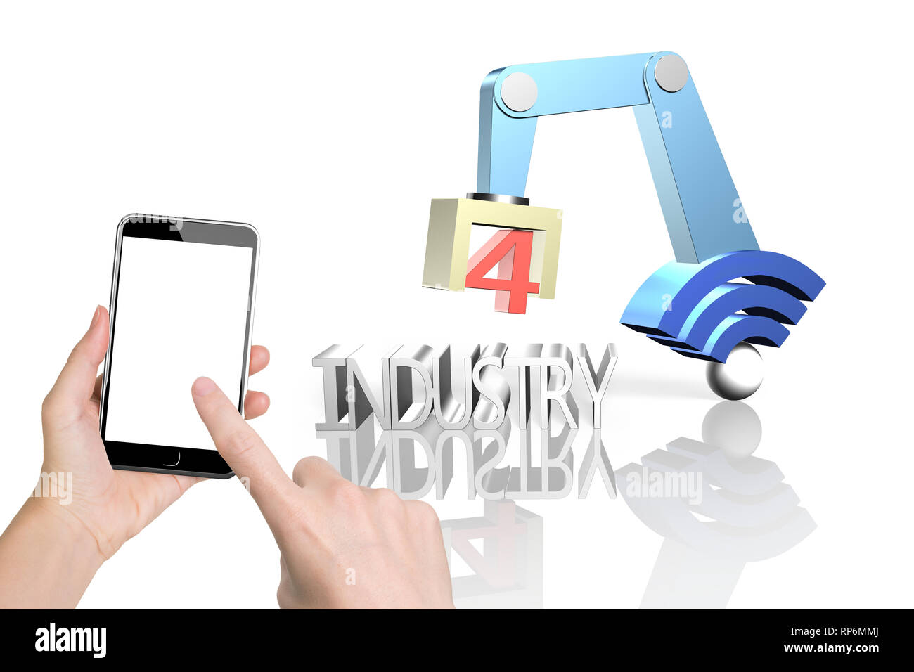 Concept de l'industrie 4.0. Woman hand holding smart phone pour contrôler le bras robot 3D avec connexion Wi-Fi gratuite et de l'industrie signe texte 4.0, isolé sur fond blanc. Banque D'Images