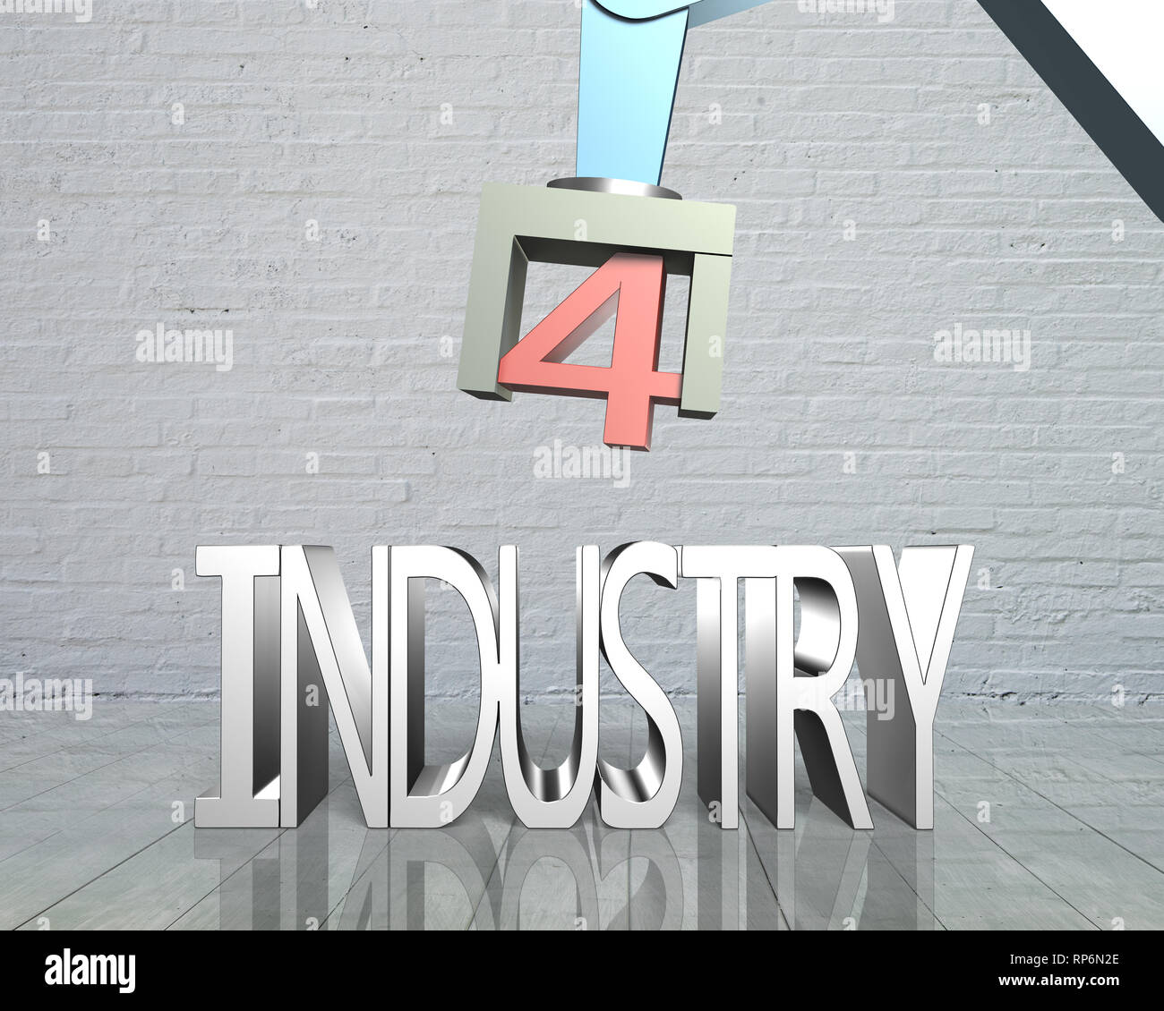 Concept de l'industrie 4.0. Bras de robot 3D et le texte de l'industrie 4.0, avec des briques mur arrière-plan. Banque D'Images