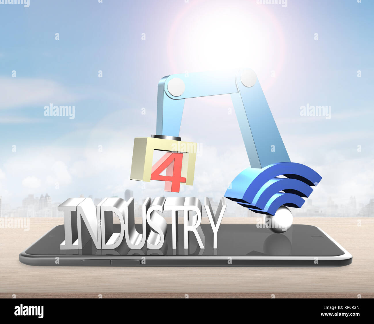 Concept de l'industrie 4.0. Bras de robot 3D avec connexion Wi-Fi gratuite et de l'industrie signe texte 4.0, sur la tablette numérique. Banque D'Images