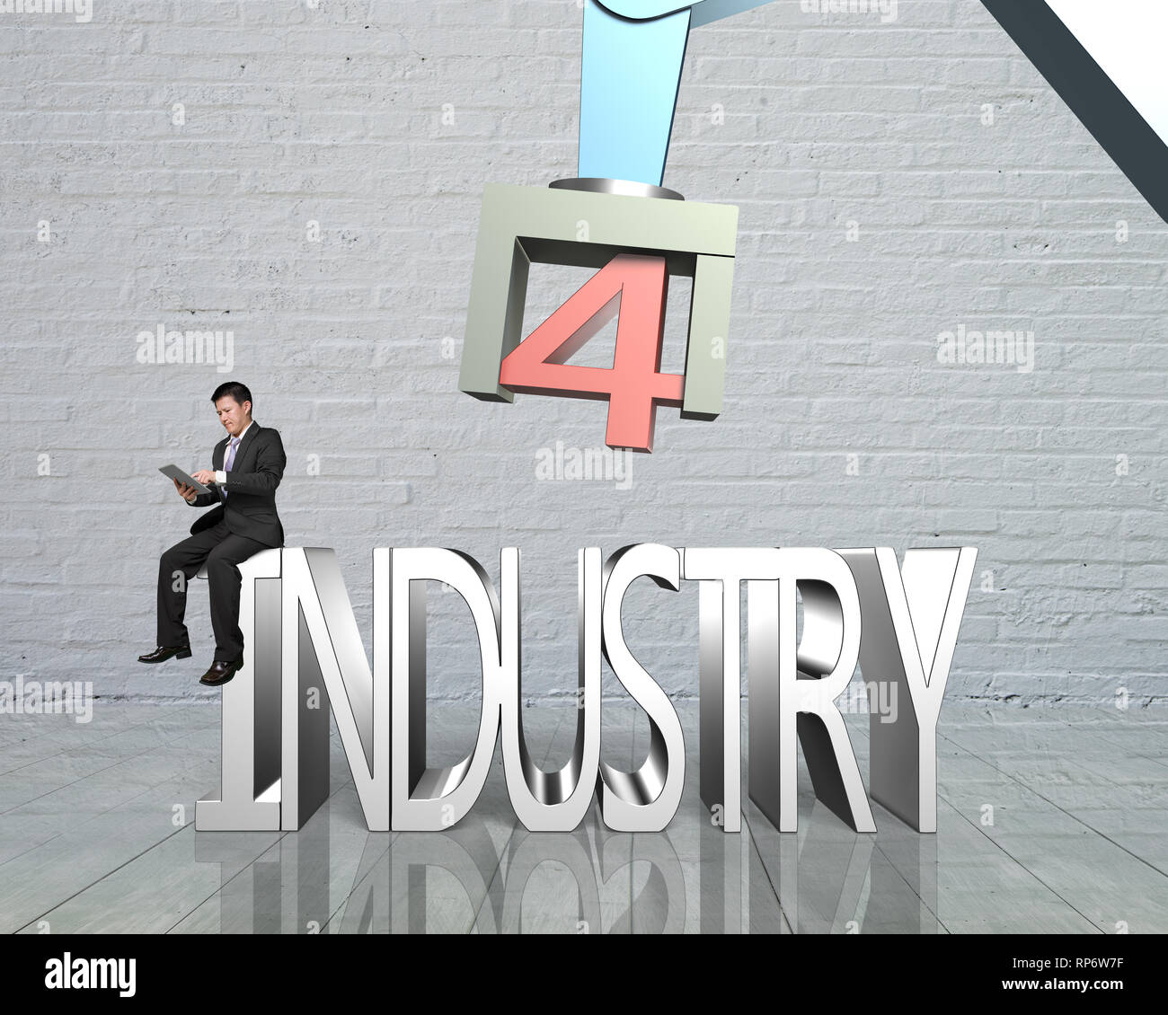 Concept de l'industrie 4.0. Homme assis sur le texte 3D de l'industrie 4.0, à l'aide d'un comprimé à l'bras robot de contrôle. Banque D'Images