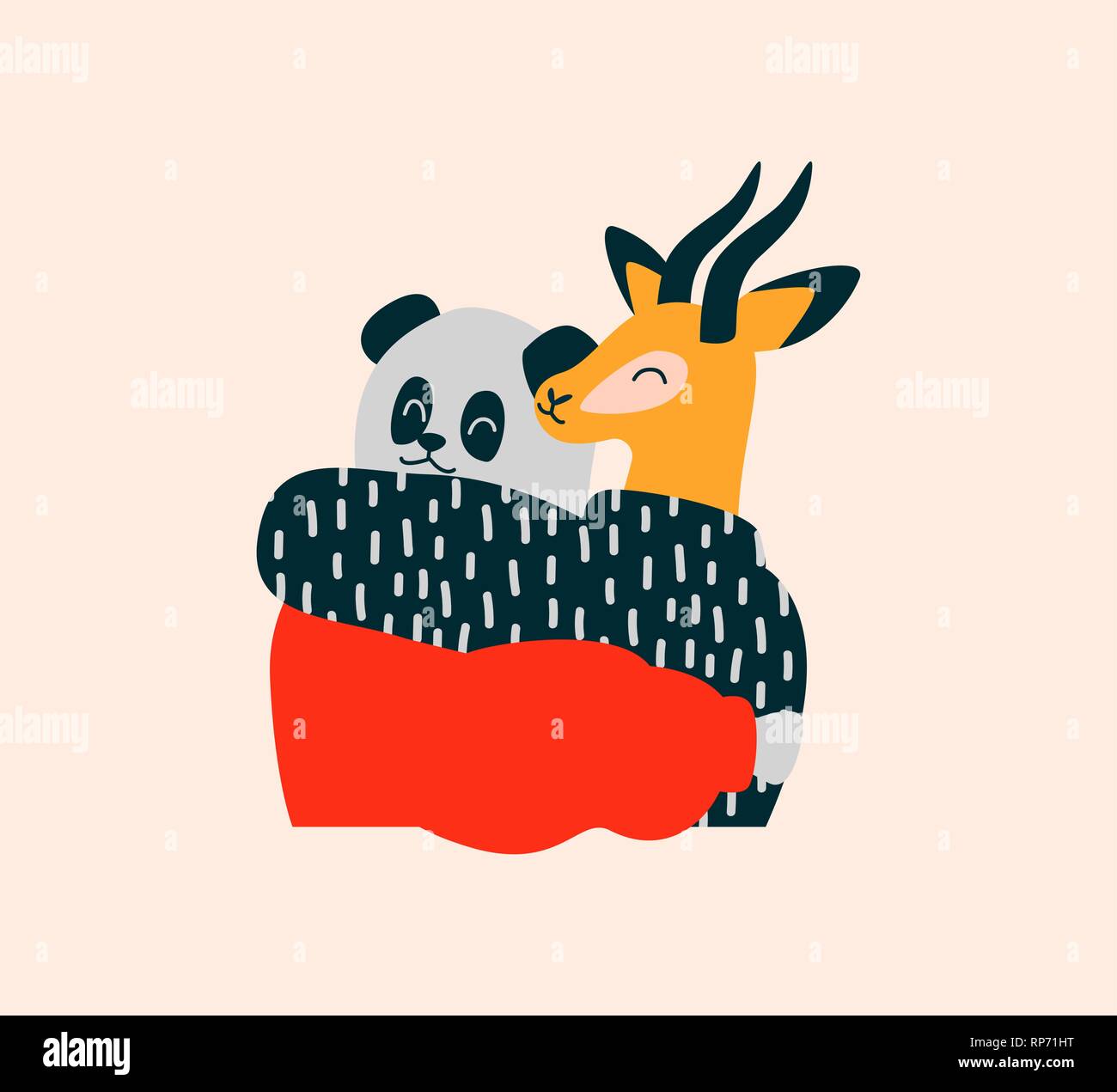 Deux wild animal friends hugging et sourire ensemble. Panda, Gazelle illustration isolées sur fond blanc avec des spécialistes en voie de disparition, l'espace de copie Illustration de Vecteur